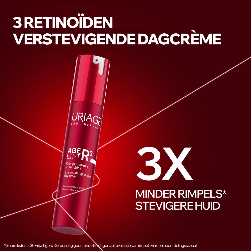 Rode fles met pomp, Uriage Age Lift R3 Crème, voorkant.