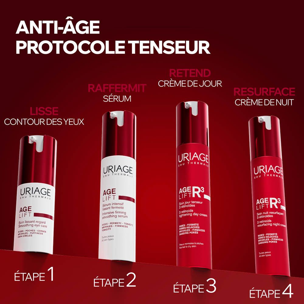 Flacon rouge avec pompe, Uriage Age Lift R3 Crème, vue de face.