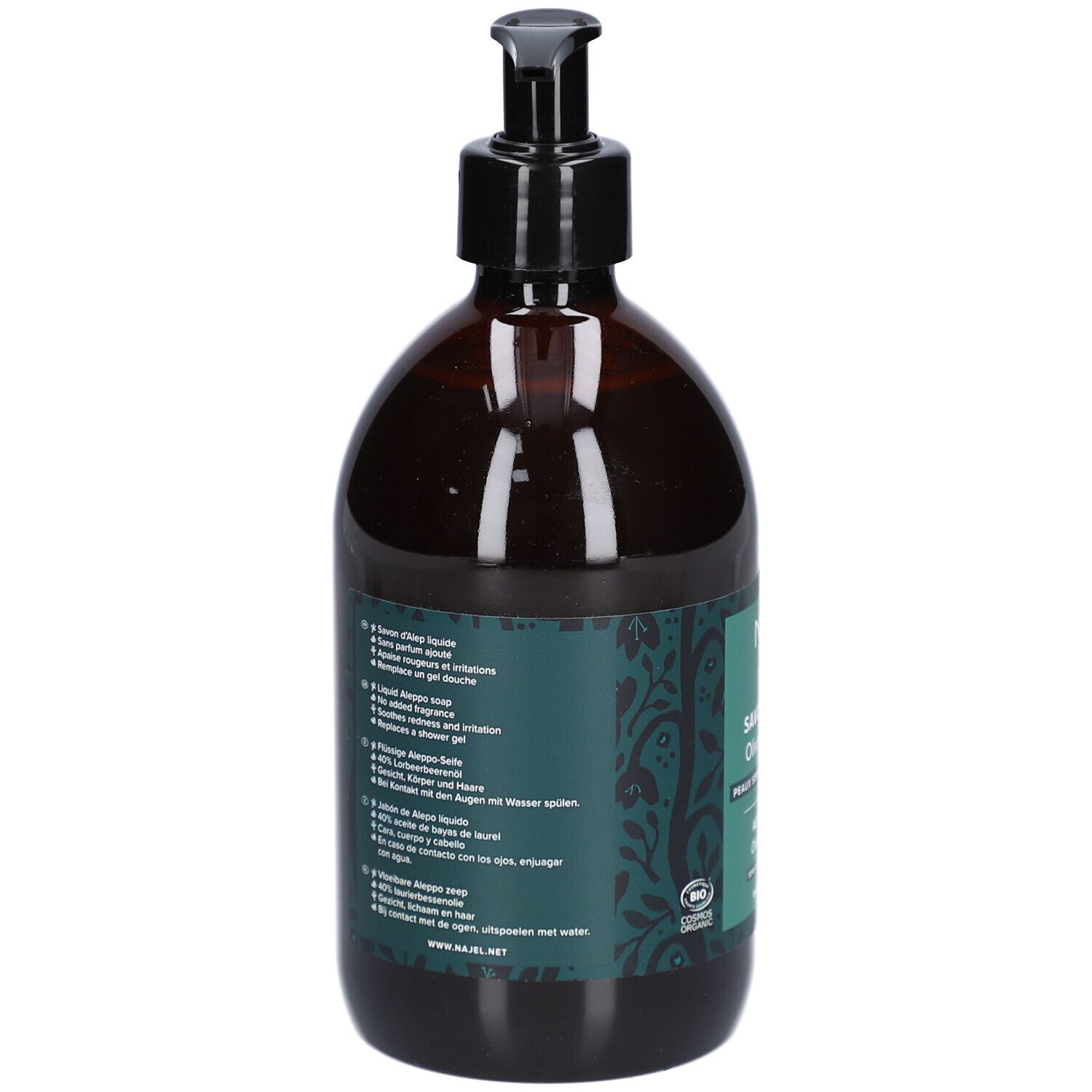Rückseite einer braunen Flasche mit schwarzem Spender. Text in mehreren Sprachen. Grünes Etikett mit floralem Muster.