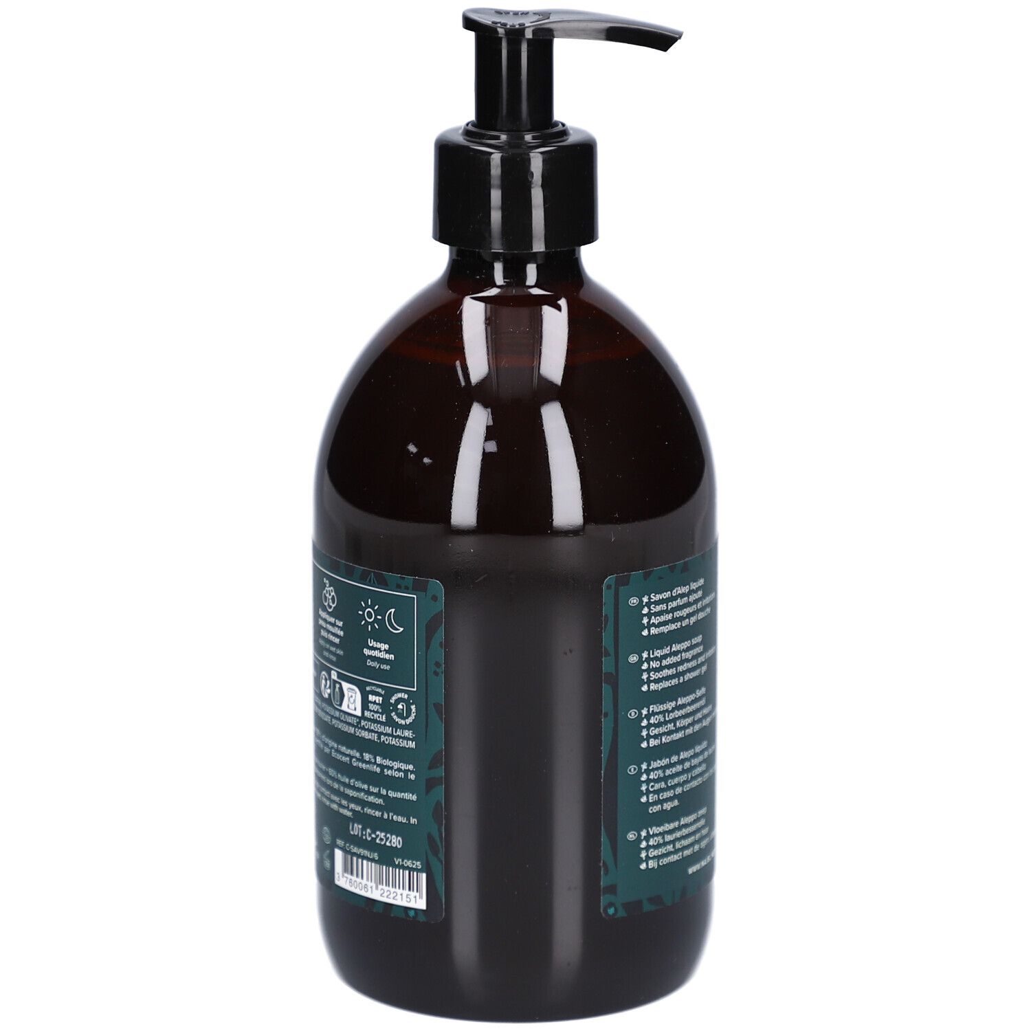 Braune Flasche mit schwarzem Spender. Rückansicht. Grünes Etikett mit Text und Symbolen. Bio-Zertifizierung.