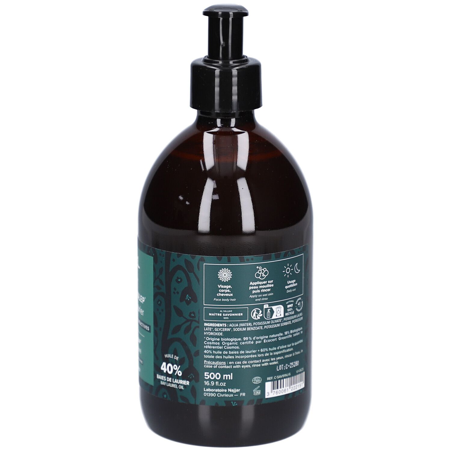 Braune Flasche mit schwarzem Spender. Grünes Etikett mit Text und Symbolen. Inhaltsstoffe und Volumenangabe.