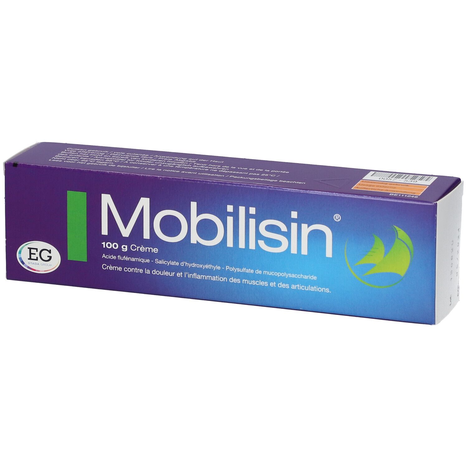 Paarse doos met witte tekst. Opschrift: Mobilisin, 100 g Crème. Groene streep en logo.