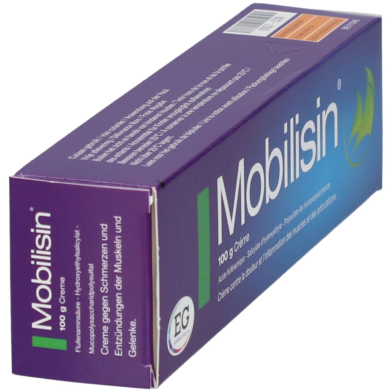 Doos schuin. Paars met witte tekst. Opschrift: Mobilisin, 100 g Crème. Groene streep en logo.
