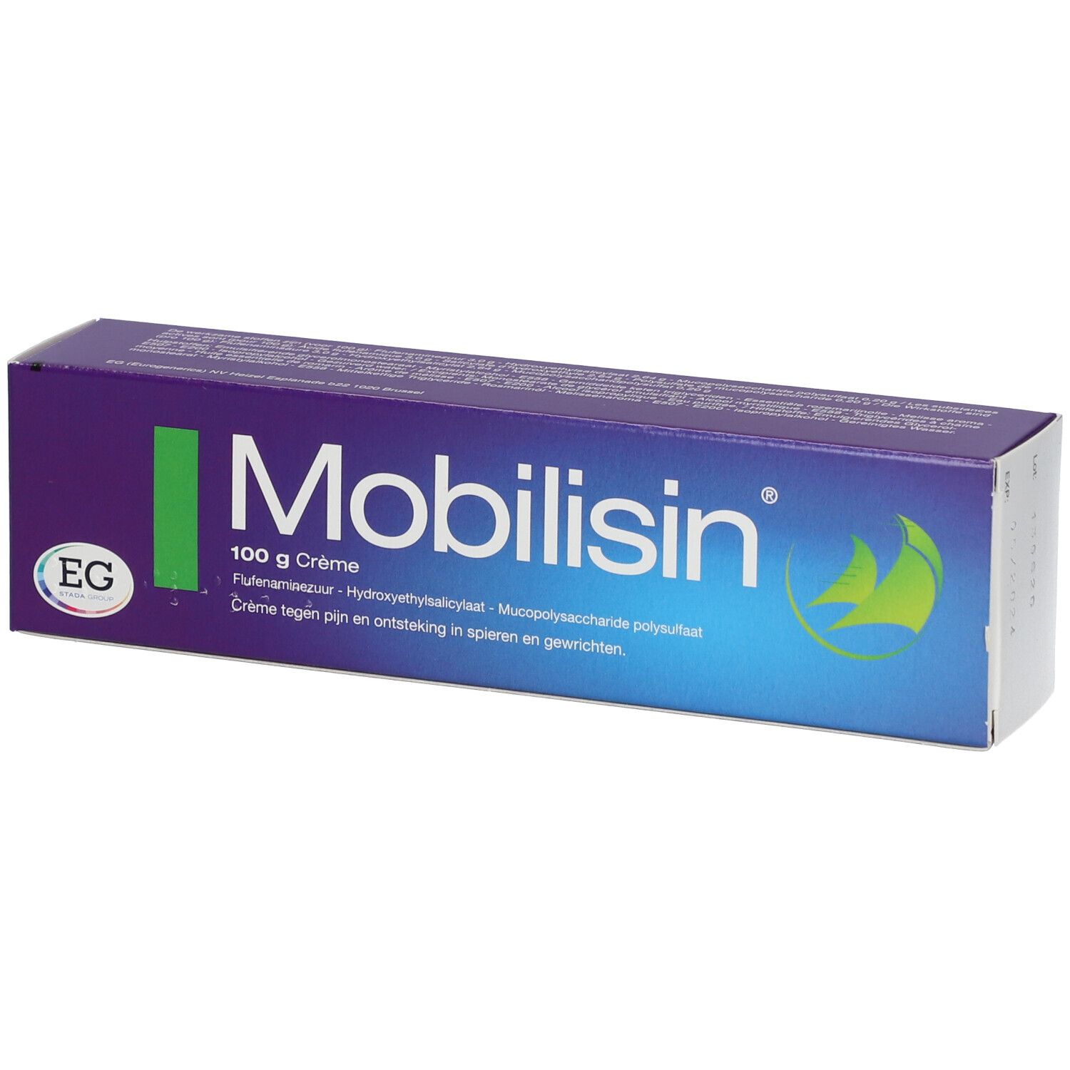 Paarse doos met witte tekst. Opschrift: Mobilisin, 100 g Crème. Groene streep en logo.
