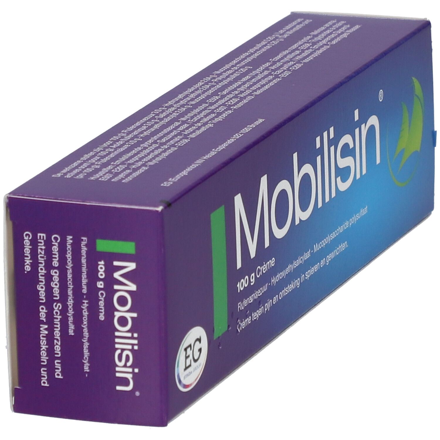 Doos schuin. Paars met witte tekst. Opschrift: Mobilisin, 100 g Crème. Groene streep en logo.