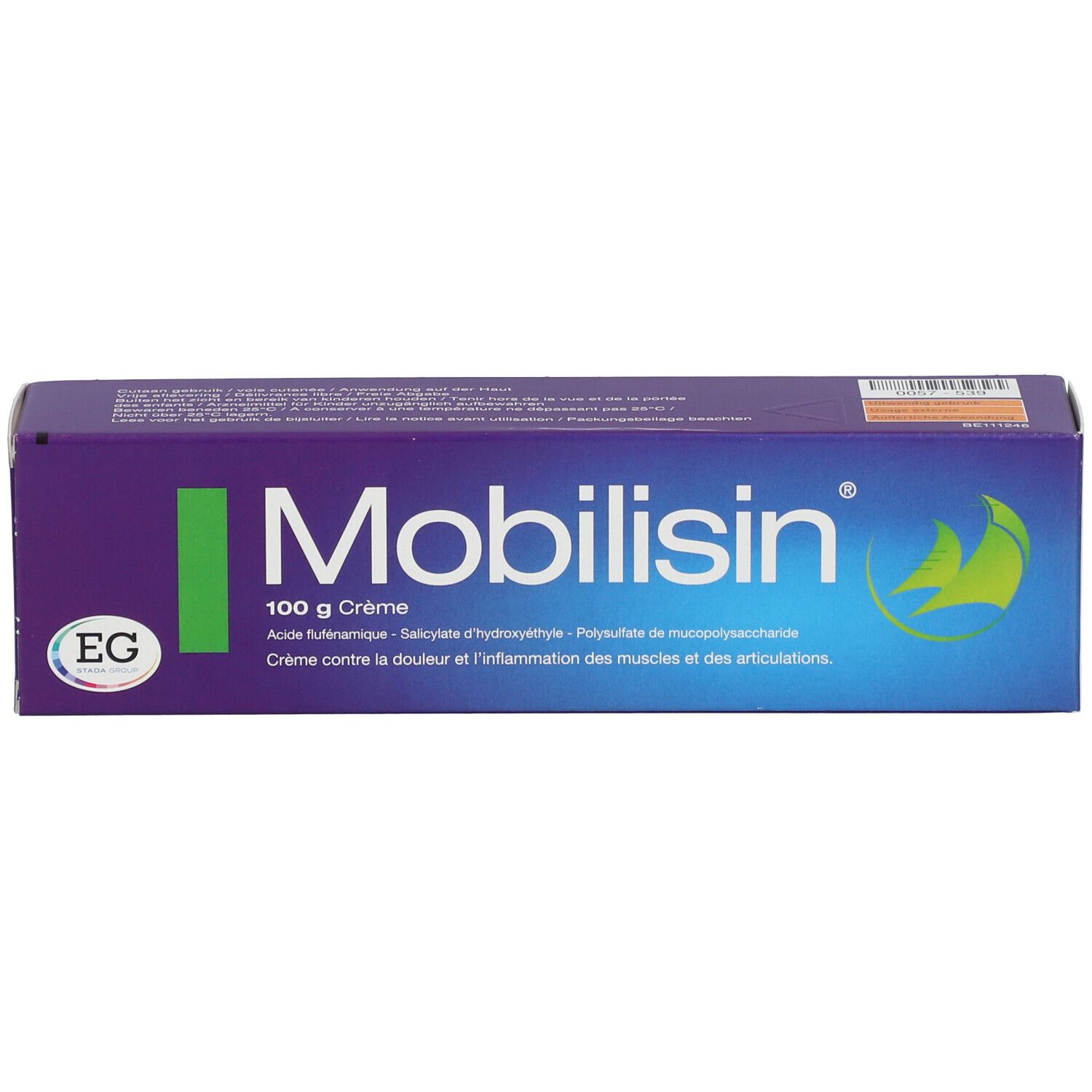 Paarse doos met witte tekst. Opschrift: Mobilisin, 100 g Crème. Groene streep en logo.