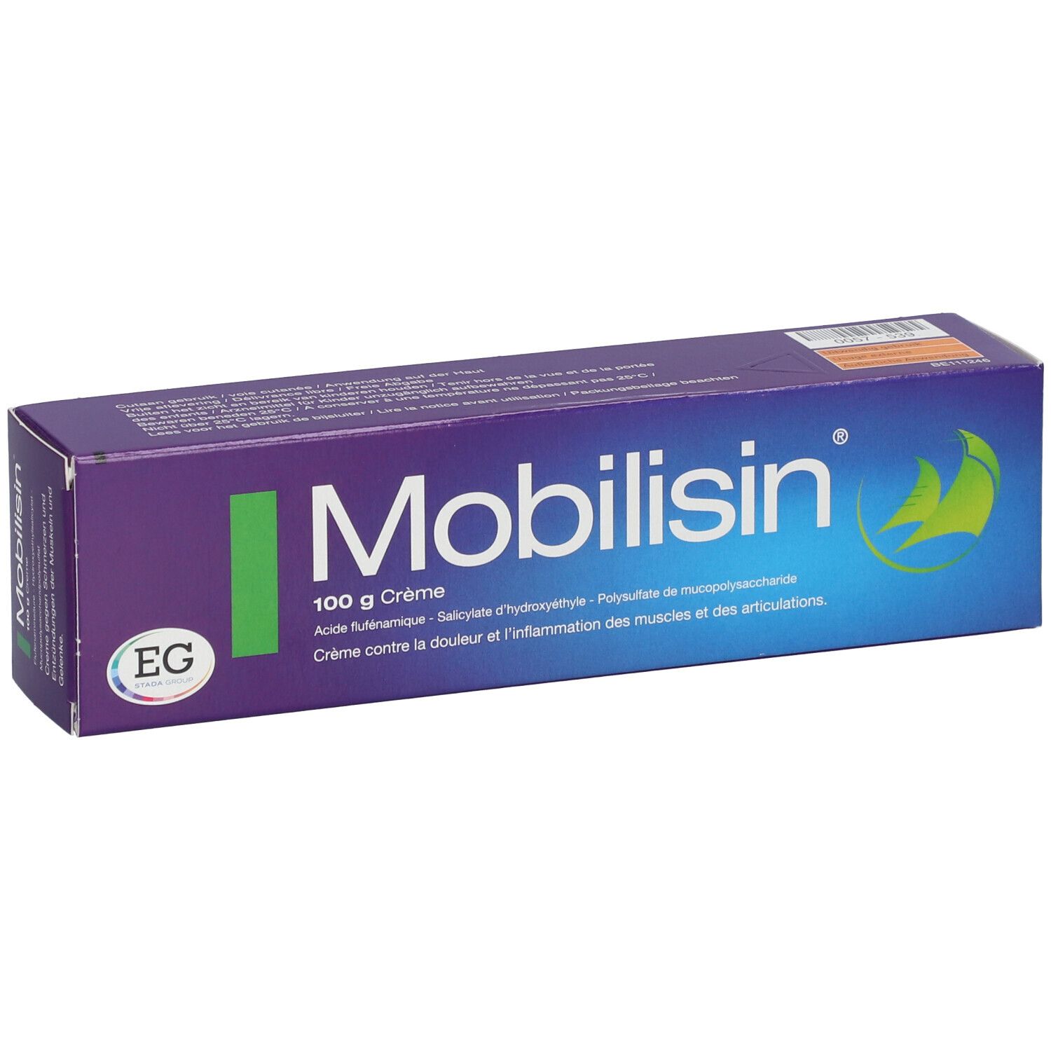 Paarse doos met witte tekst. Opschrift: Mobilisin, 100 g Crème. Groene streep en logo.