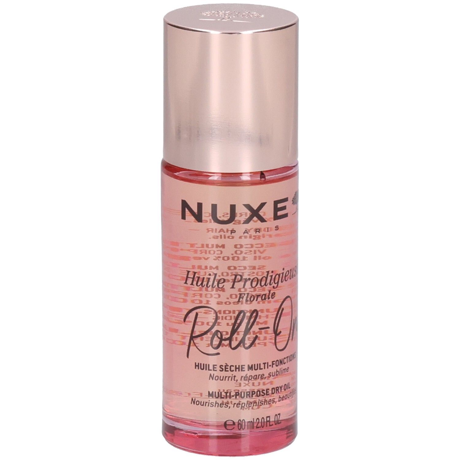 Nuxe Huile Prodigieuse Florale Roll-On: Glasflasche mit roségoldfarbenem Deckel, rosa Öl.