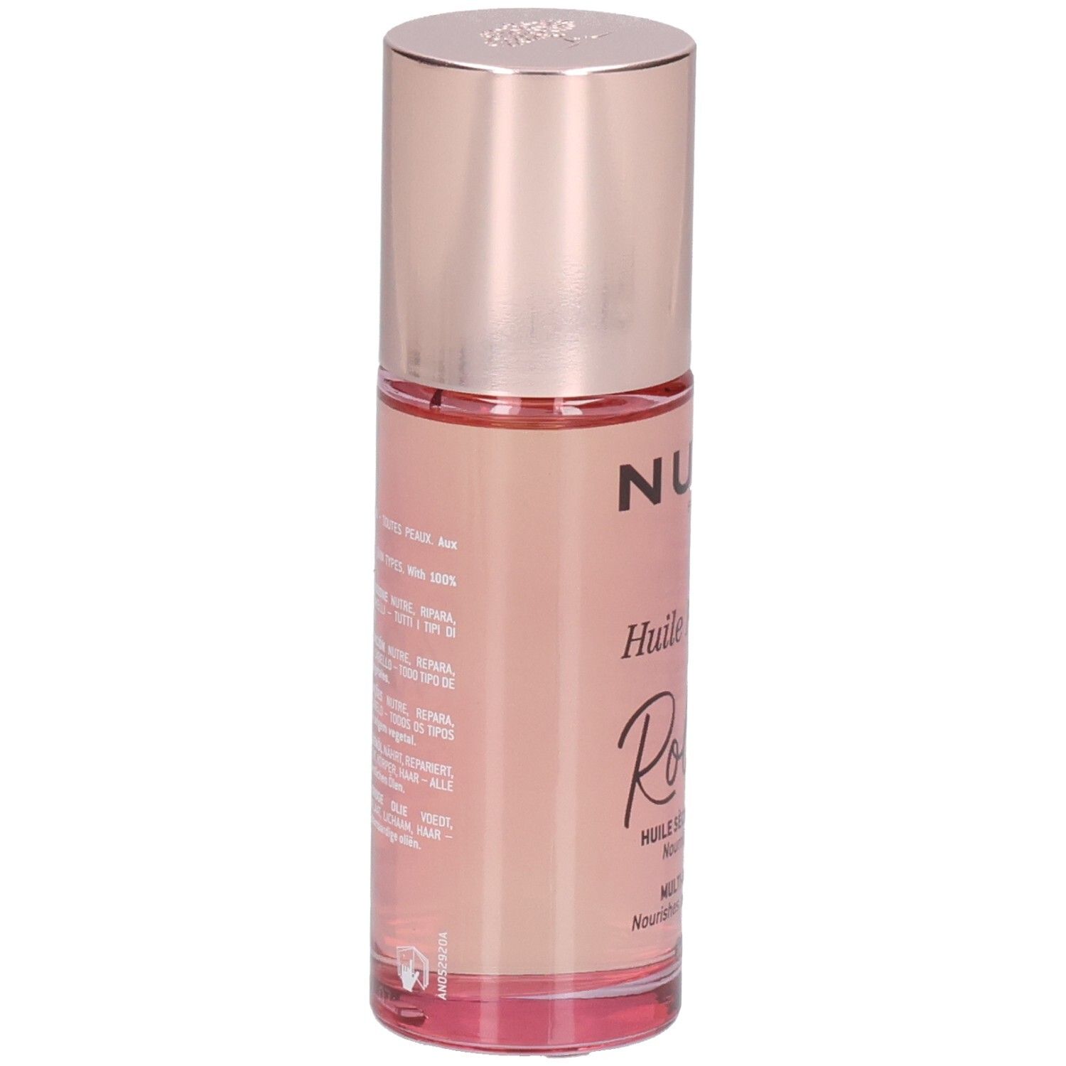 Nuxe Huile Prodigieuse Florale Roll-On: Rückseite der Glasflasche mit rosa Öl und roségoldfarbenem Deckel.