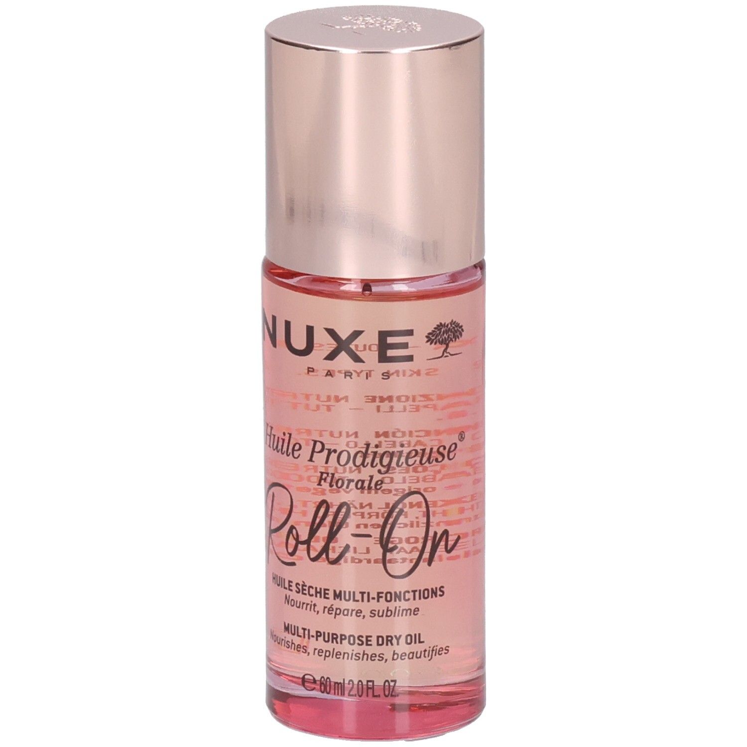 Nuxe Huile Prodigieuse Florale Roll-On: Glasflasche mit roségoldfarbenem Deckel, rosa Öl und Baum-Logo.