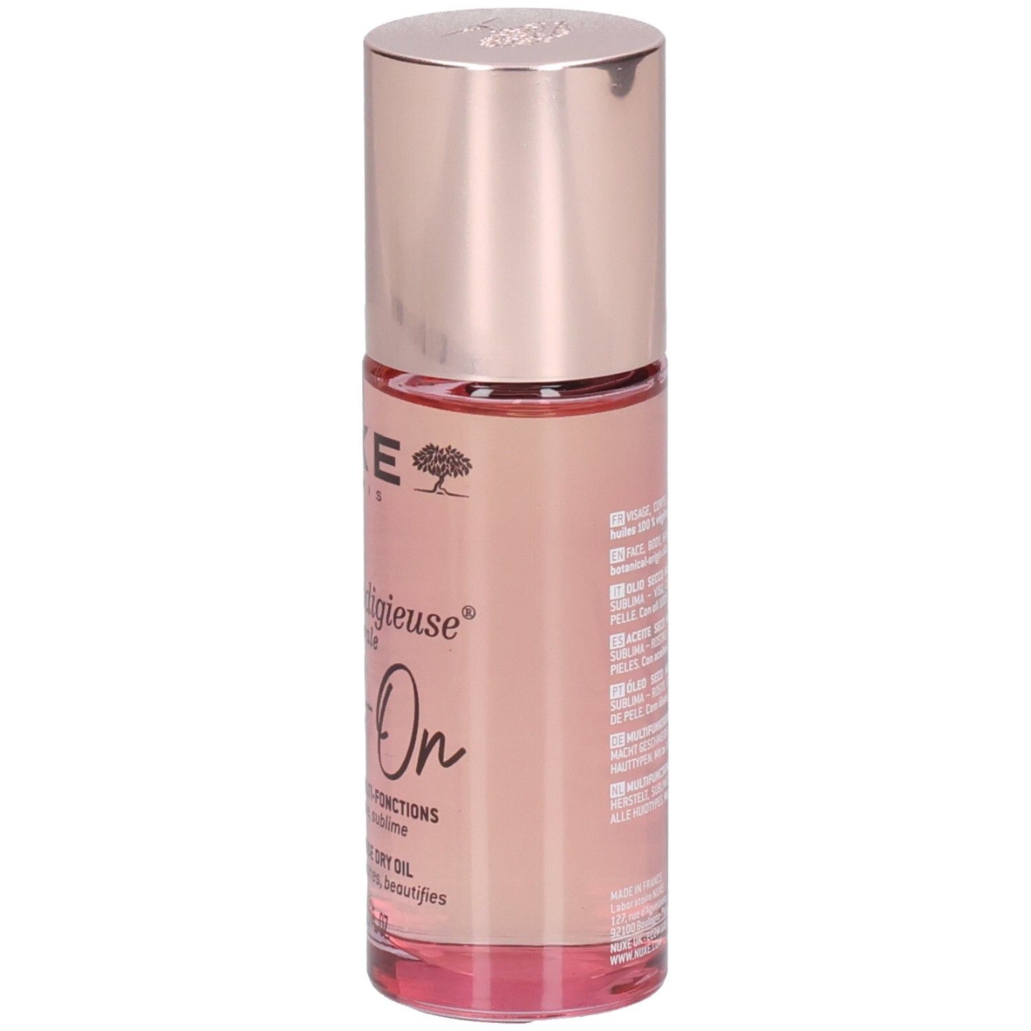 Nuxe Huile Prodigieuse Florale Roll-On: Glasflasche mit roségoldfarbenem Deckel, rosa Öl und Produktinformationen.