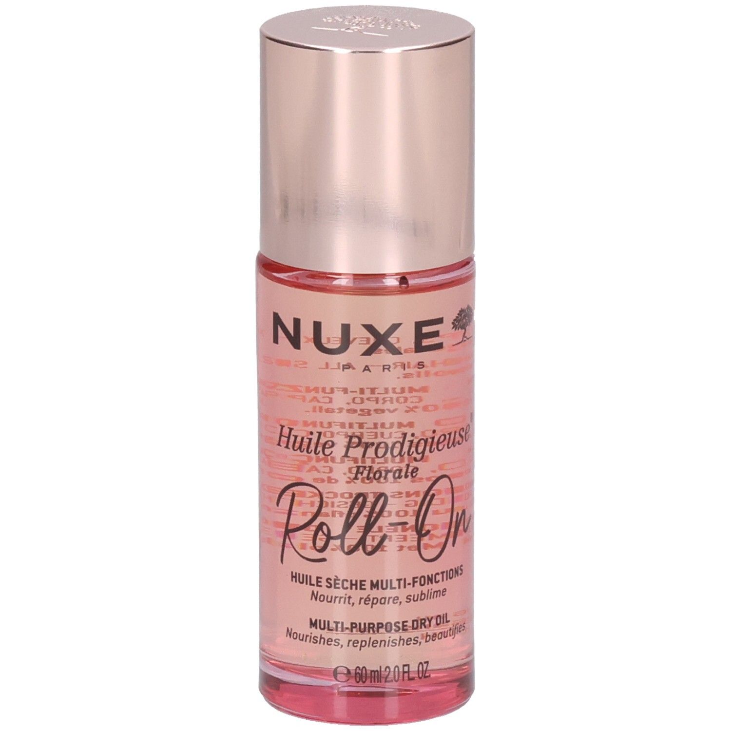 Nuxe Huile Prodigieuse Florale Roll-On: Glasflasche mit roségoldfarbenem Deckel, rosa Öl, Baum-Logo und Text.