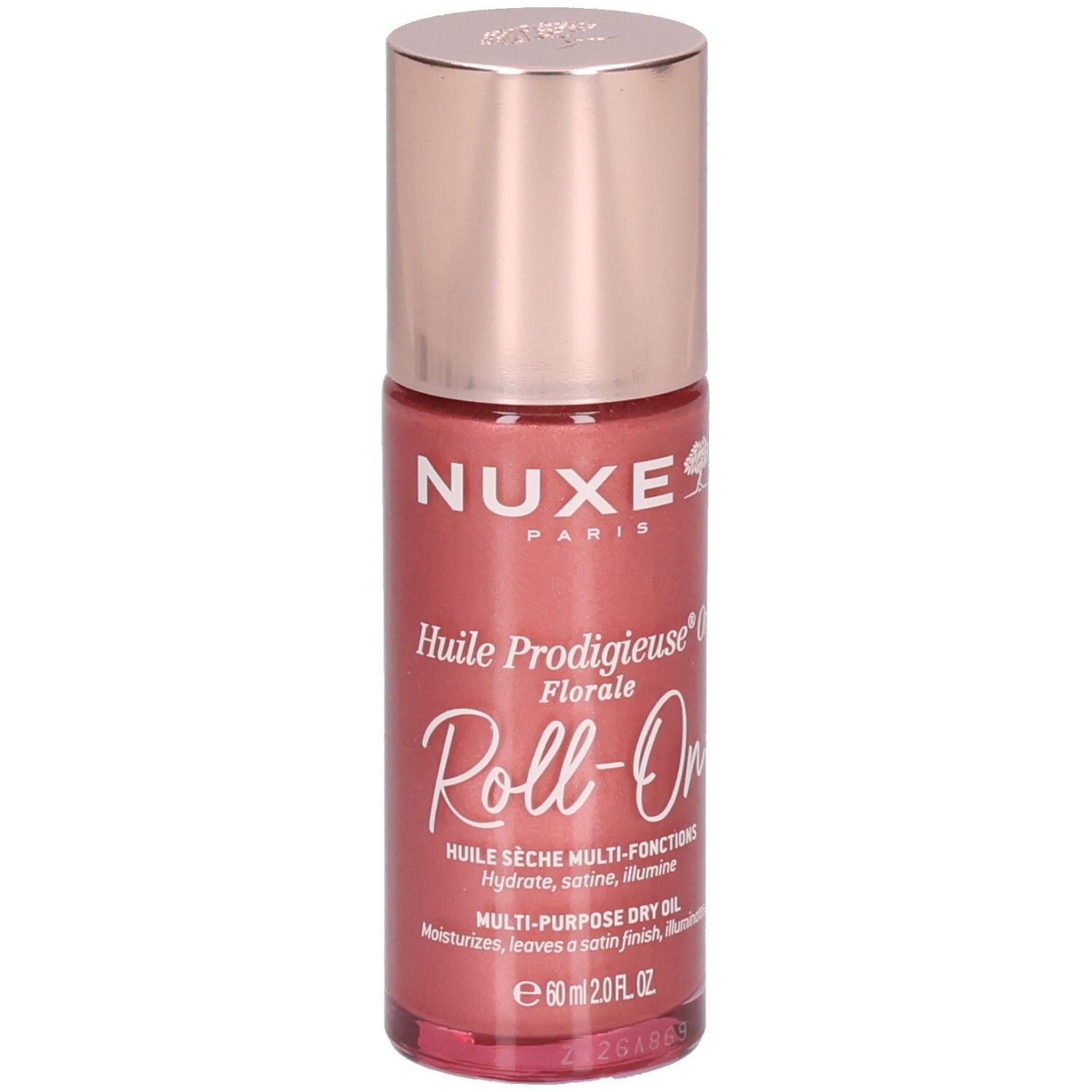 Nuxe Huile Prodigieuse Or Florale Roll-On, 60ml. Rosafarbene Flasche mit goldenem Verschluss.