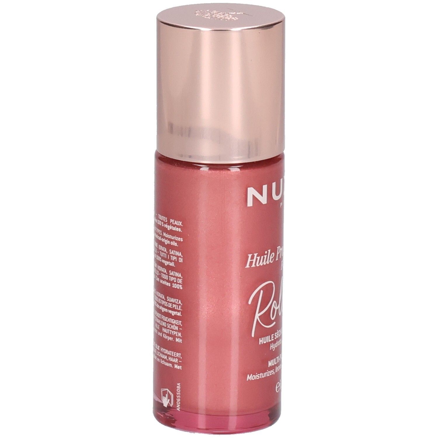 Nuxe Huile Prodigieuse Or Florale Roll-On, 60ml. Rückseite der rosafarbenen Flasche mit Produktinformationen.