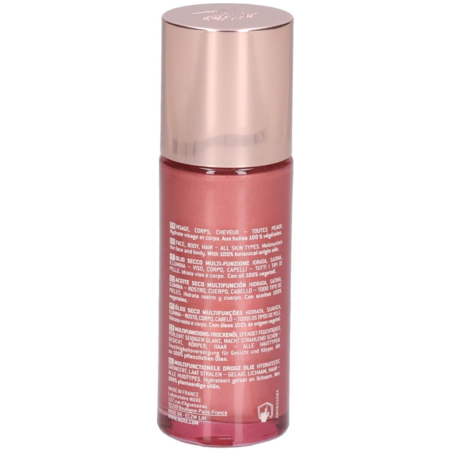 Nuxe Huile Prodigieuse Or Florale Roll-On, 60ml. Rückseite der rosafarbenen Flasche mit mehrsprachigen Informationen.