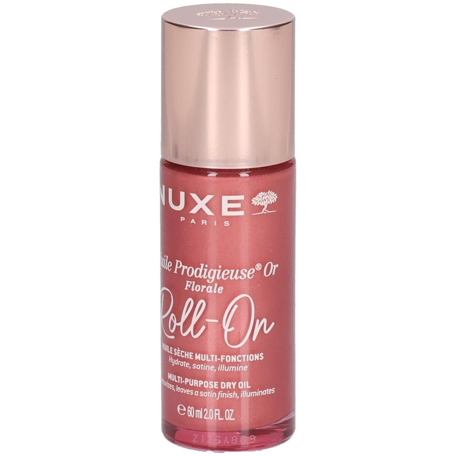 Nuxe Huile Prodigieuse Or Florale Roll-On, 60ml. Rosafarbene Flasche mit goldenem Verschluss und Etikett.