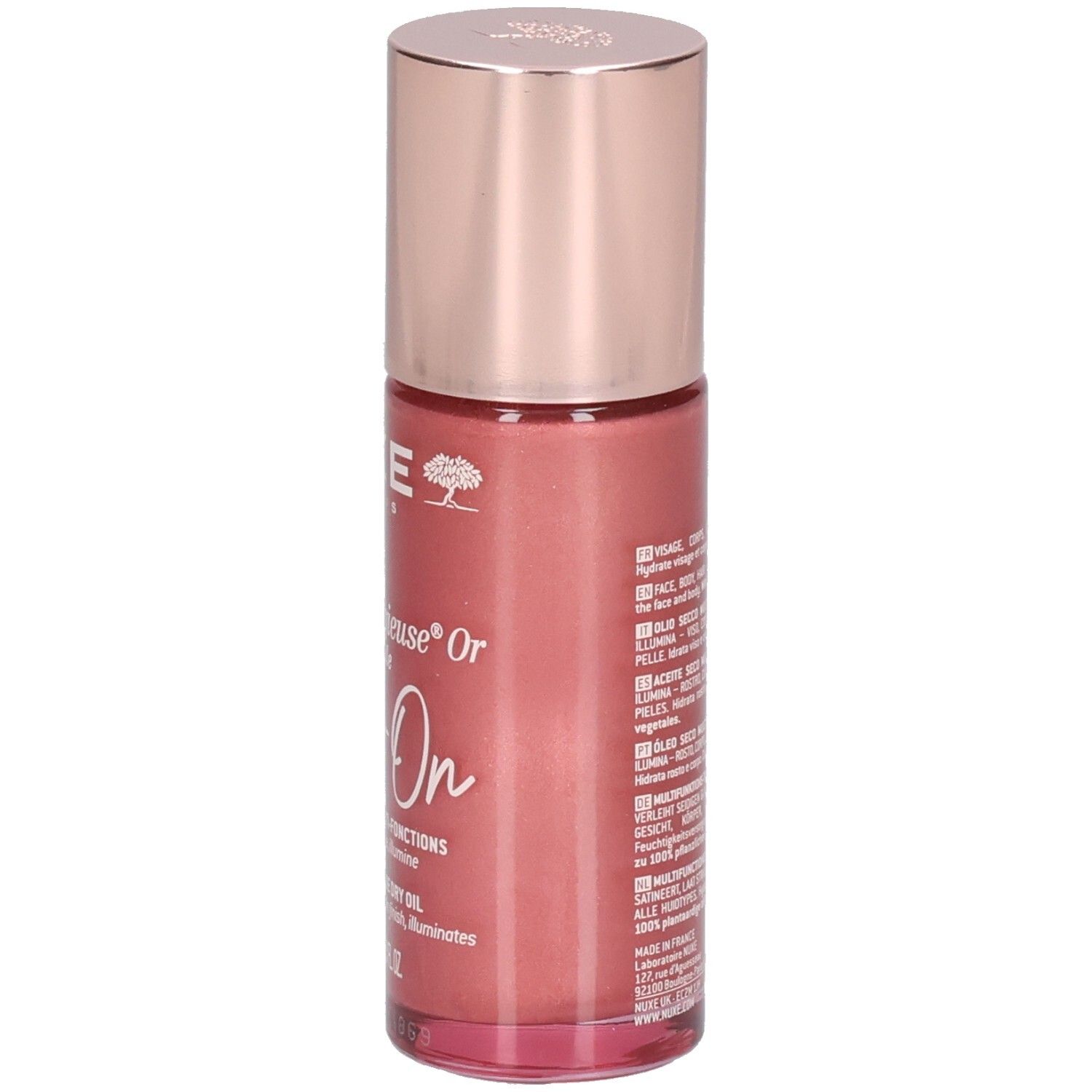 Nuxe Huile Prodigieuse Or Florale Roll-On, 60ml. Rückseite der rosafarbenen Flasche mit Produktinformationen.