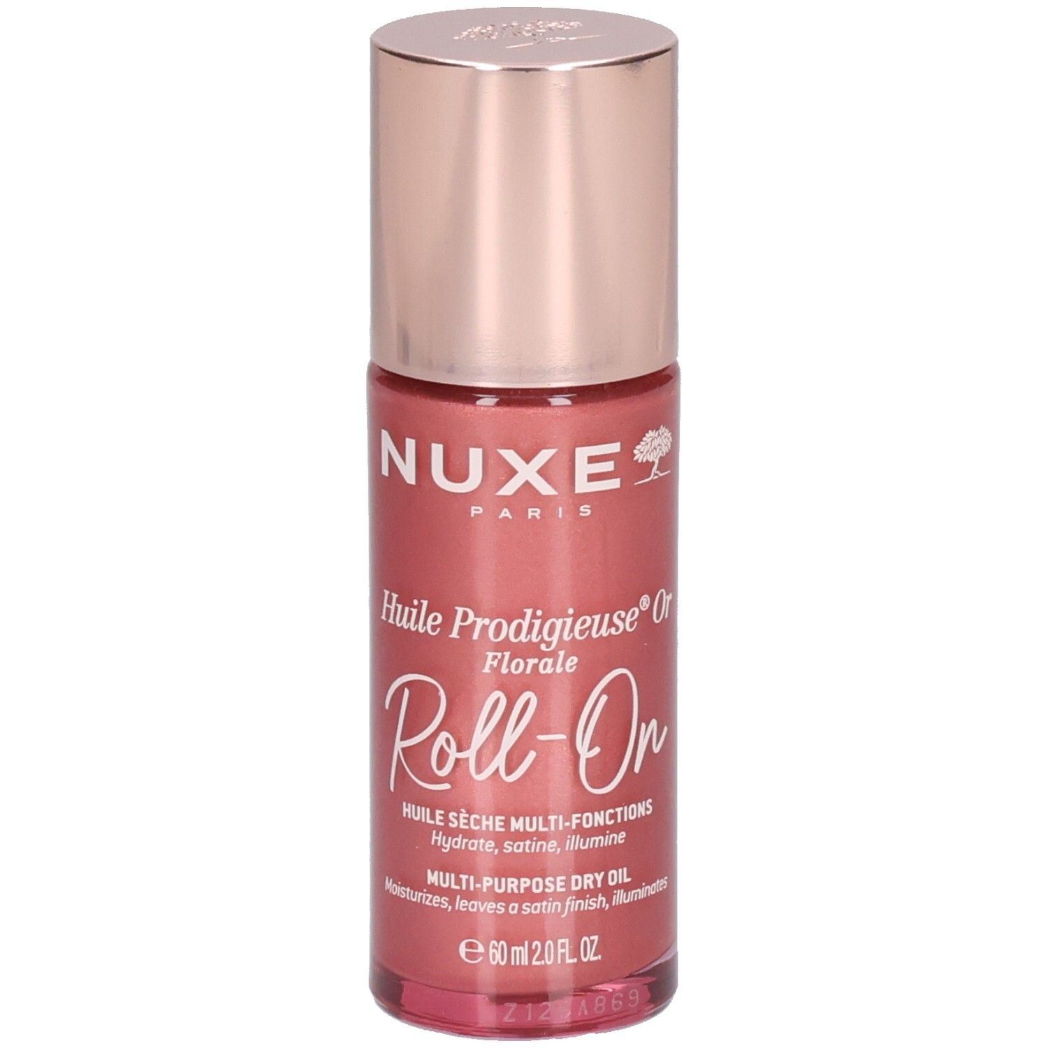 Nuxe Huile Prodigieuse Or Florale Roll-On, 60ml. Rosafarbene Flasche mit goldenem Verschluss.