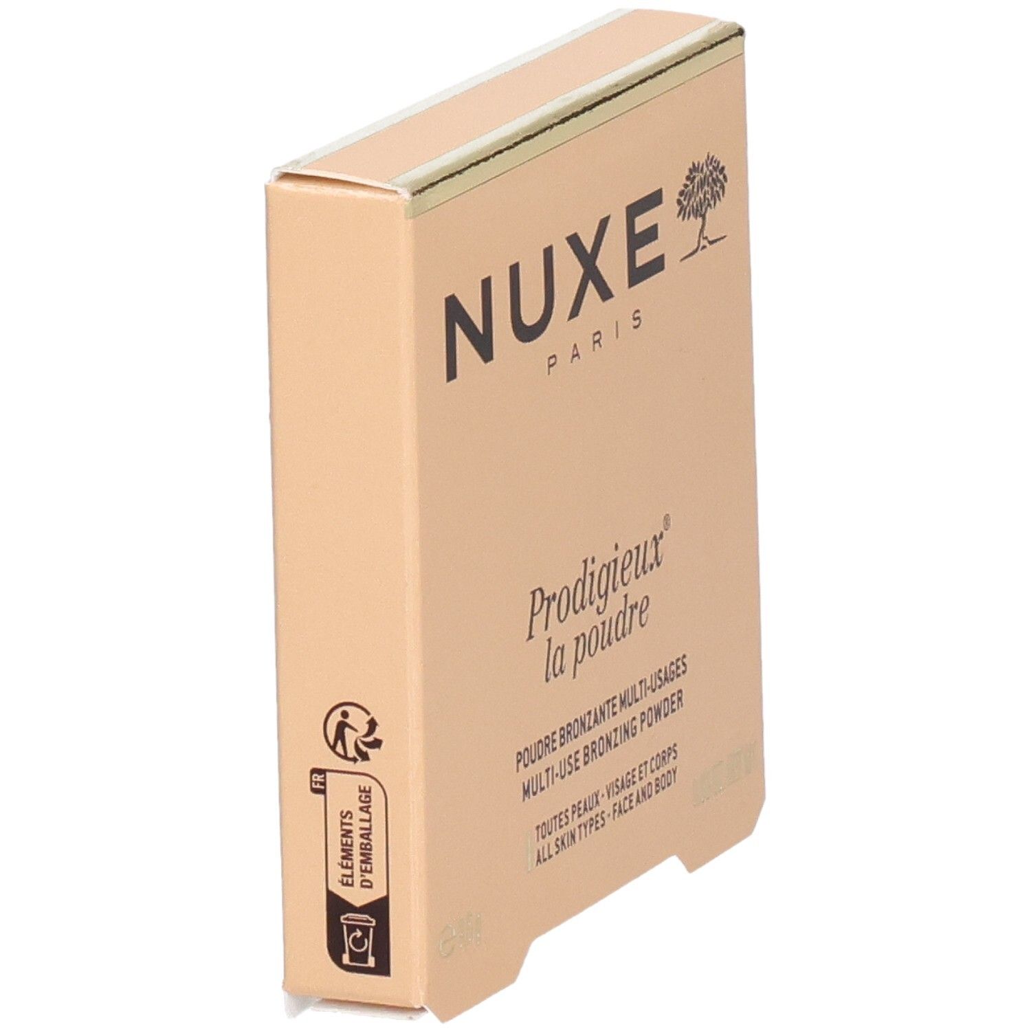 Nuxe Prodigieux la poudre Kartonverpackung mit Produktinformationen und Logo.