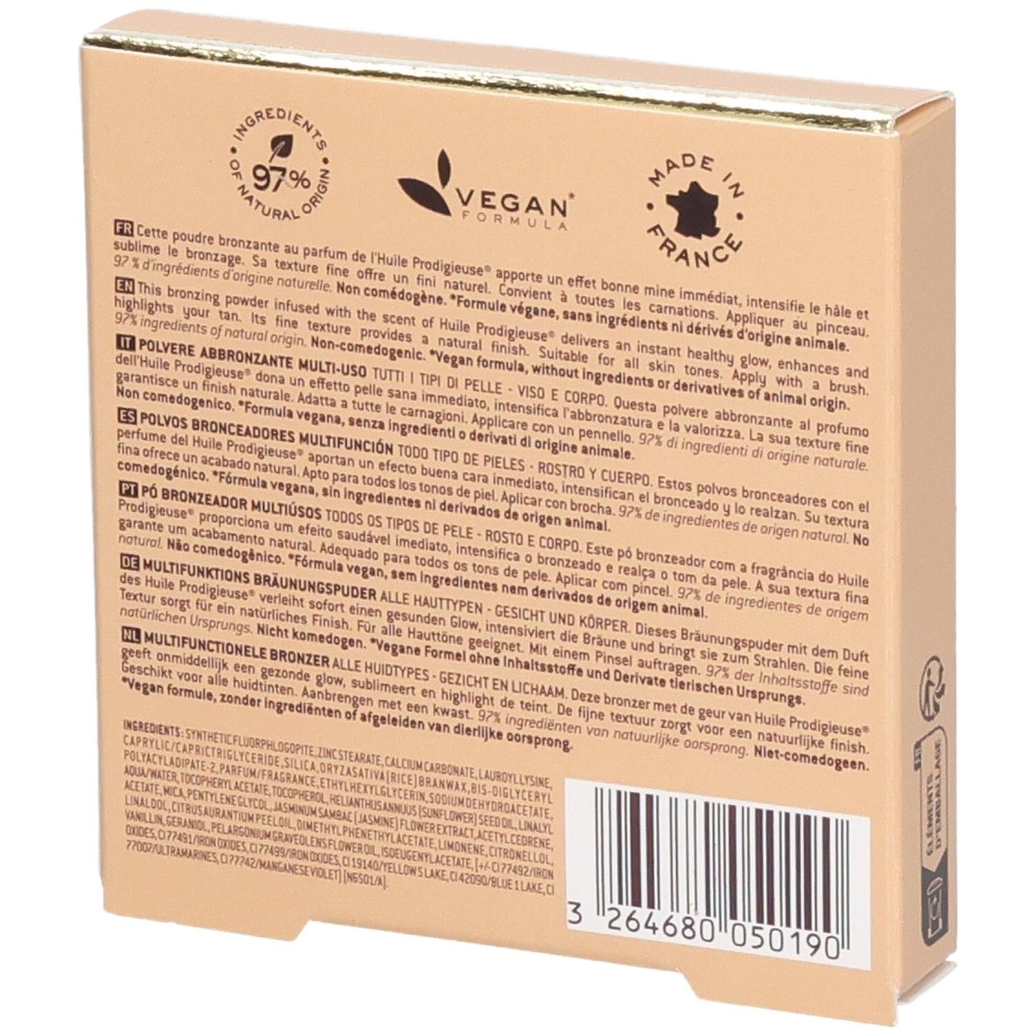 Bronzingpuder-Verpackung mit "Vegan Formula" und "Made in France" Siegeln.