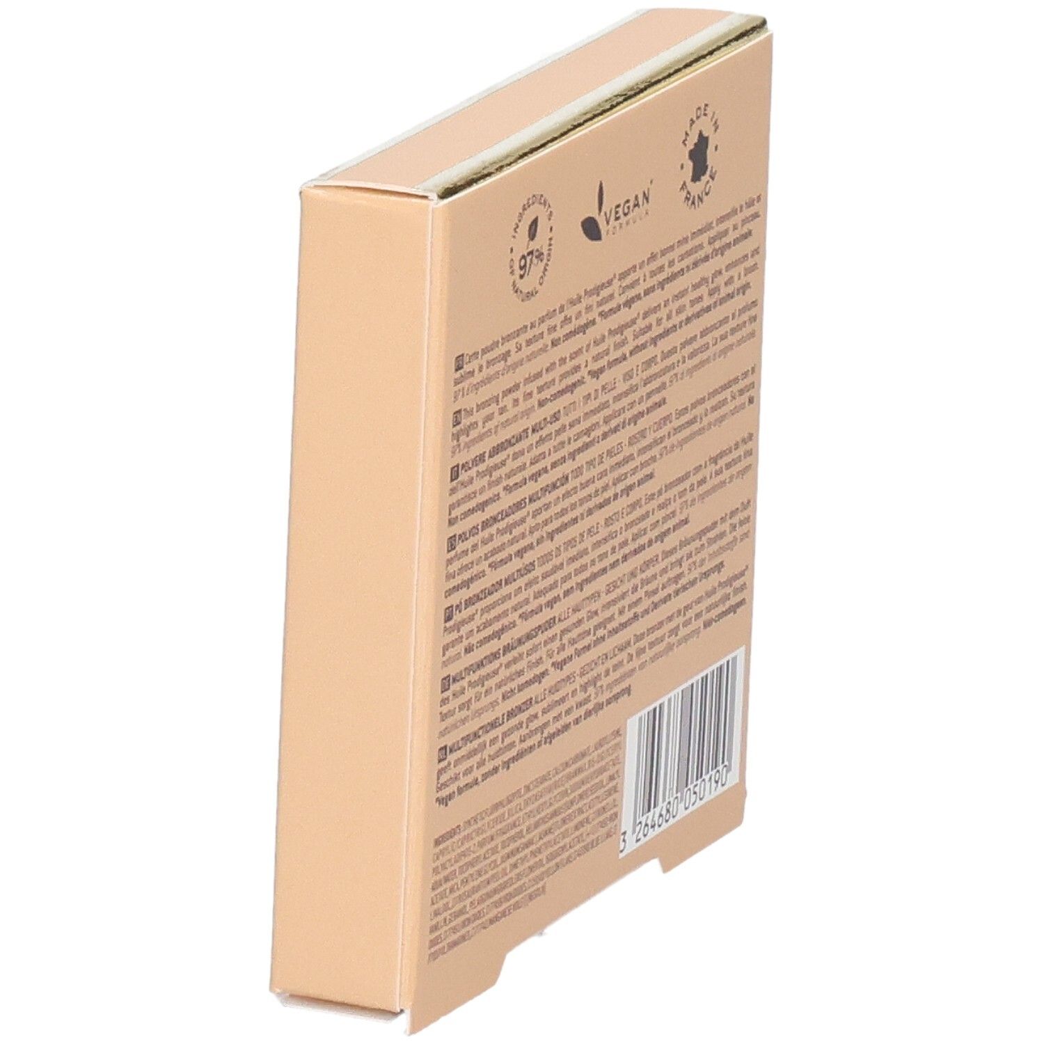 Beigefarbene Kartonverpackung mit Text und Siegeln, darunter 'VEGAN' und 'Made in France'.