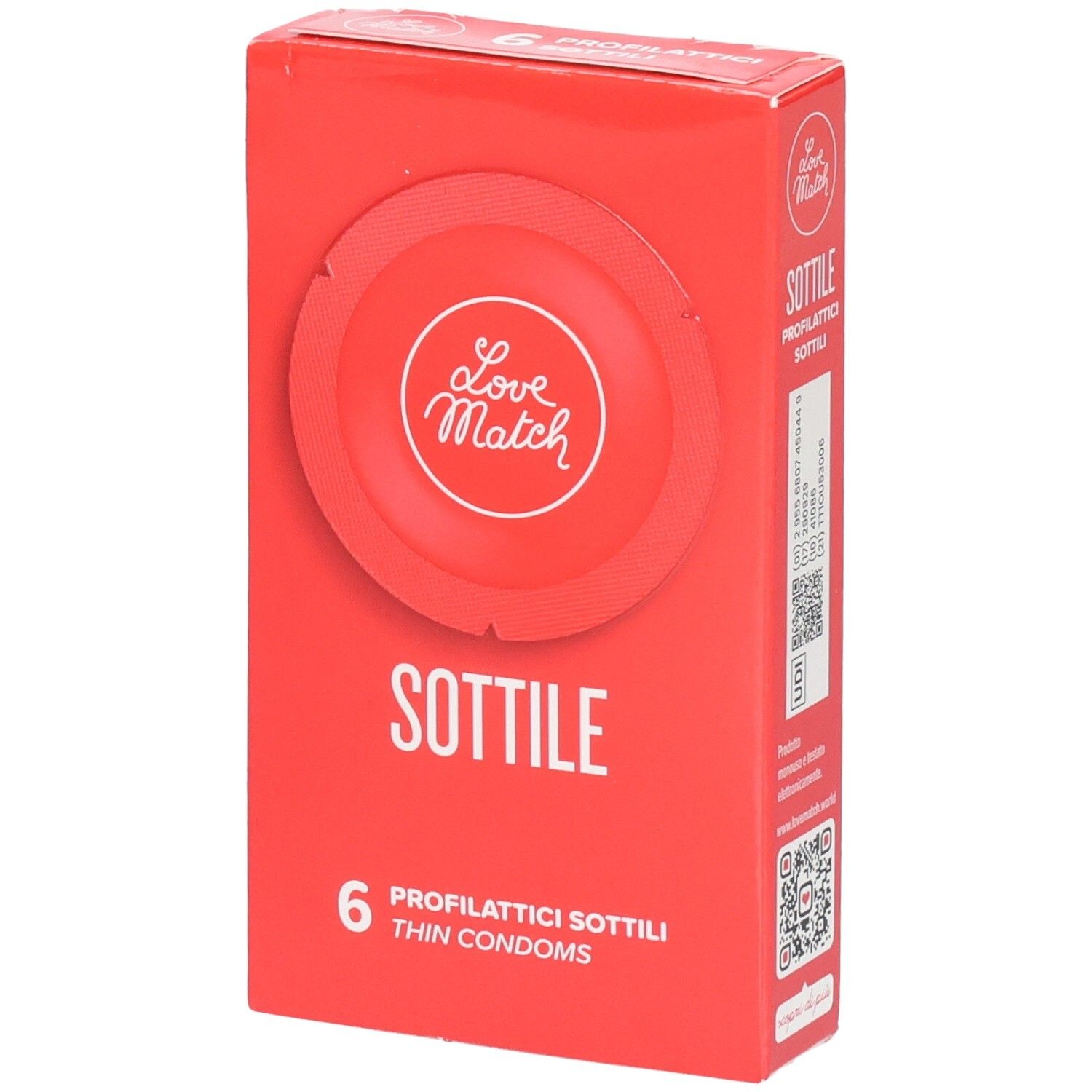 Verpackung von Love Match Sottile Kondomen, 6 Stück.