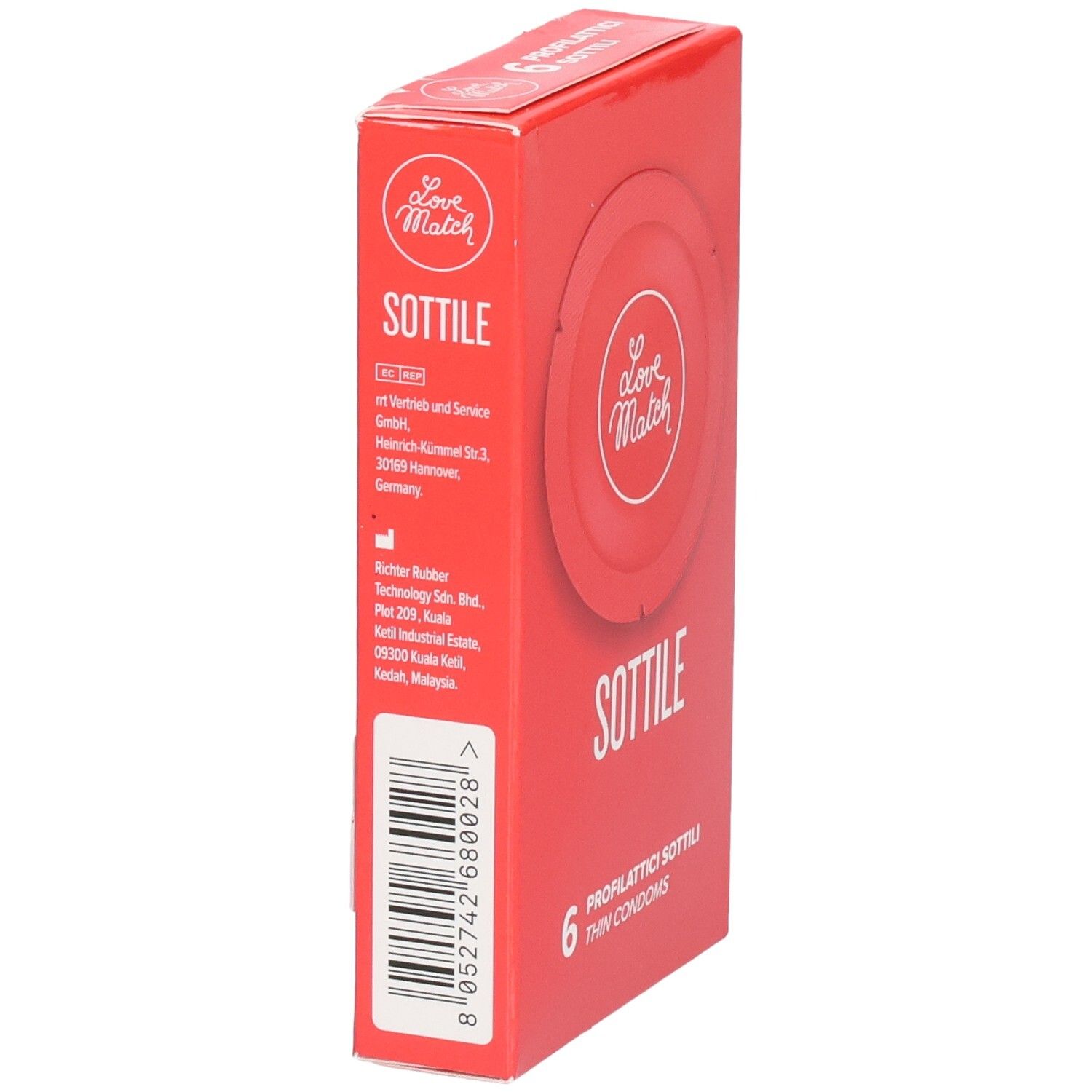 Seitenansicht der Love Match Sottile Kondomverpackung.
