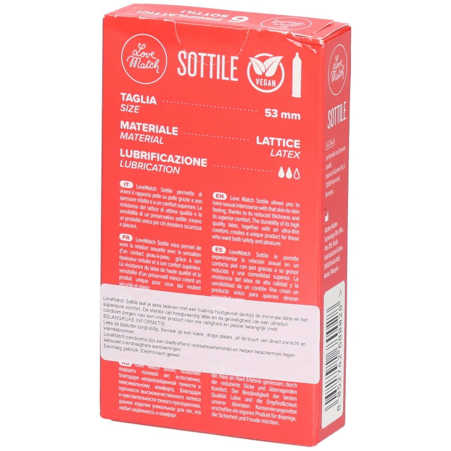Rückseite der Love Match Sottile Kondomverpackung mit Produktinformationen.