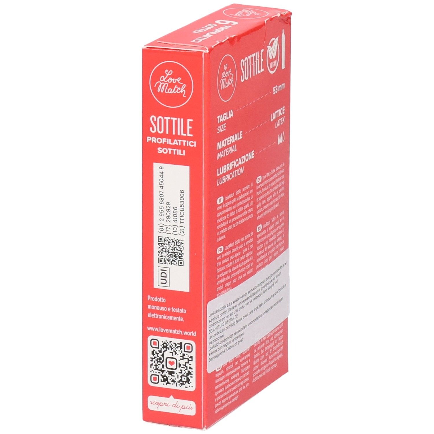 Seitenansicht der Love Match Sottile Kondomverpackung mit UDI-Code.