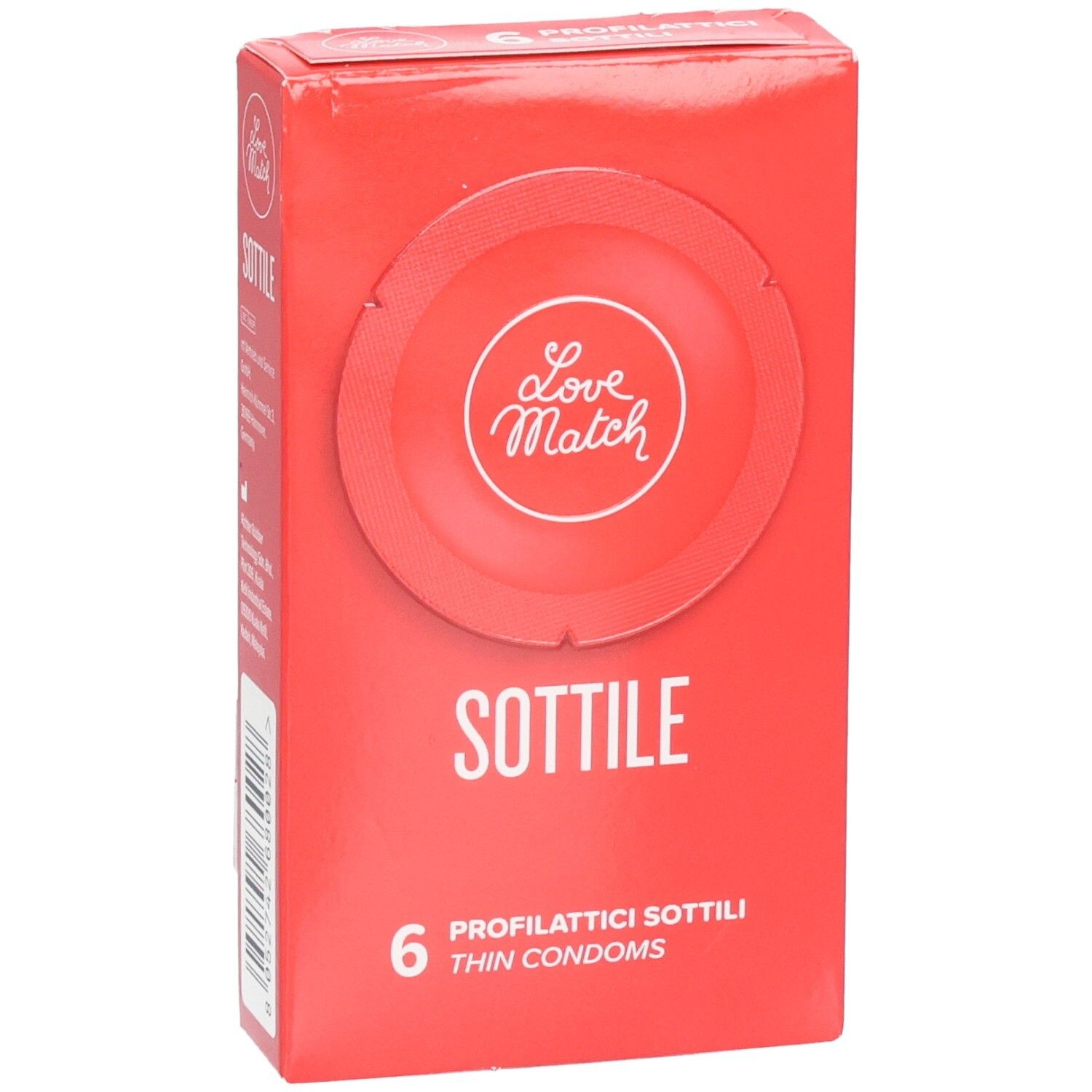 Verpackung von Love Match Sottile Kondomen, 6 Stück.