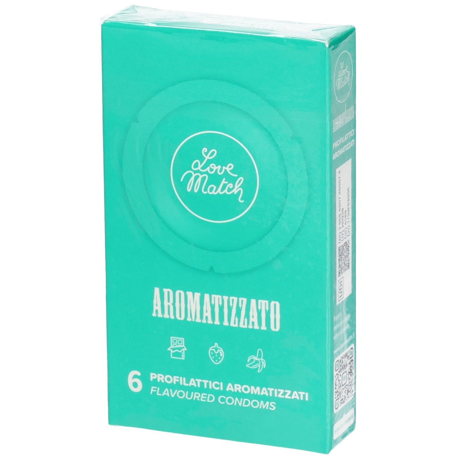 Verpackung mit 6 Love Match aromatisierten Kondomen.
