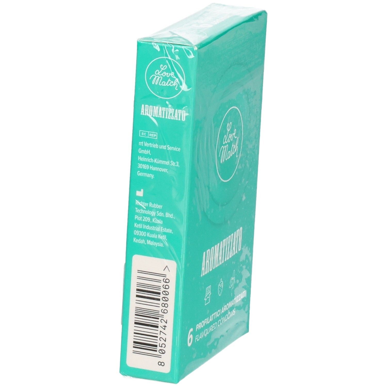 Seitenansicht der Verpackung mit 6 Love Match aromatisierten Kondomen.
