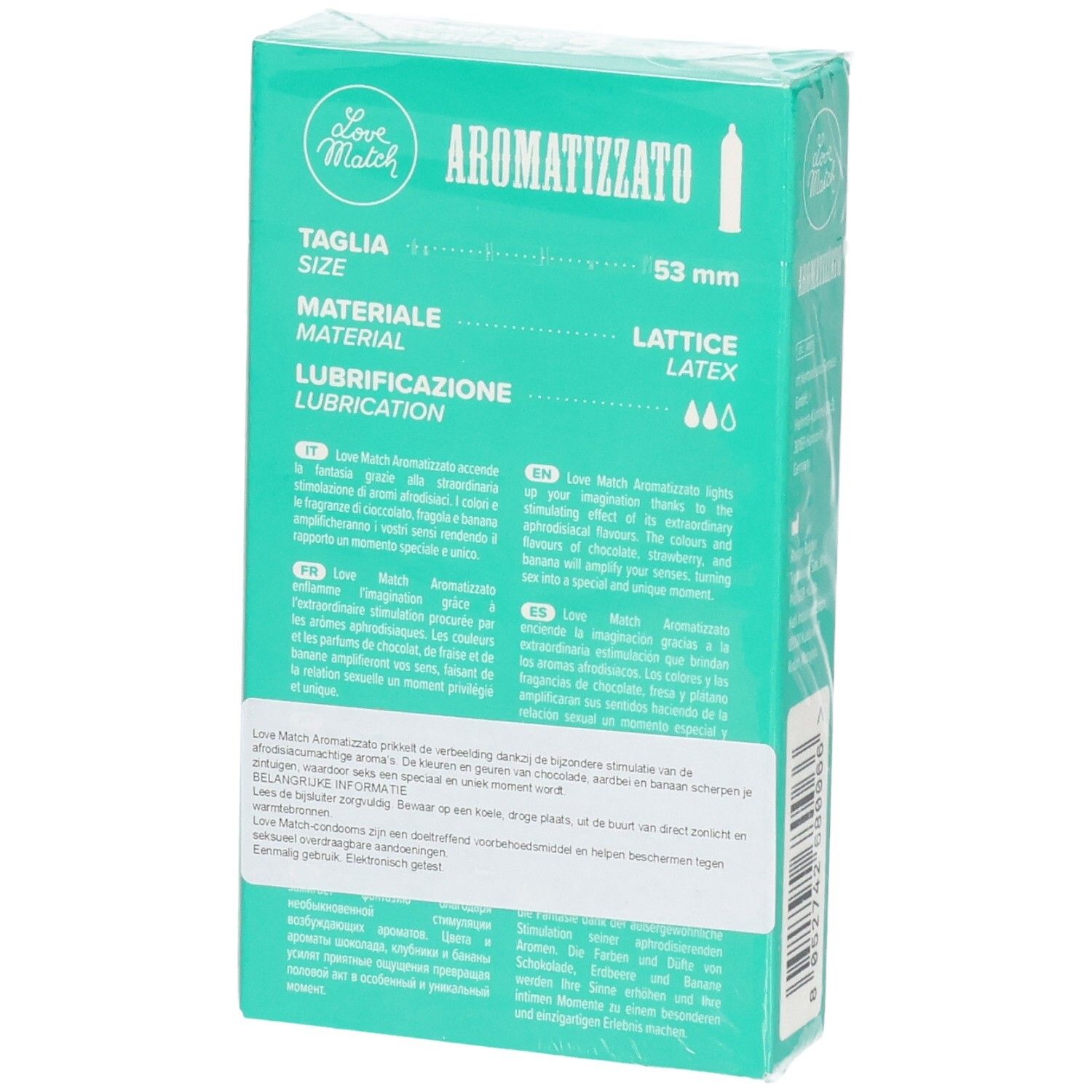 Rückseite der Verpackung mit 6 Love Match aromatisierten Kondomen, Größenangabe 53mm.