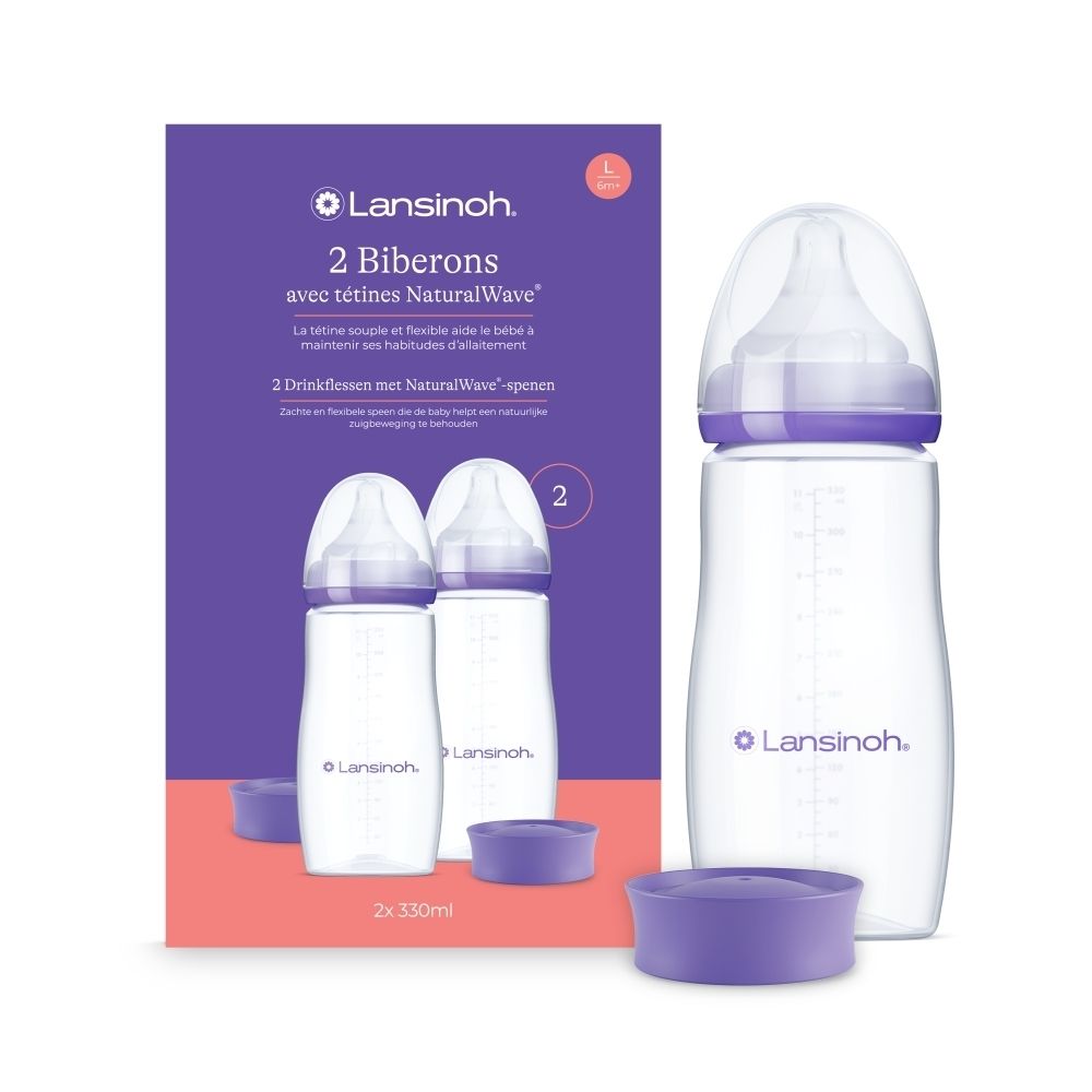 Twee Lansinoh babyflessen 330ml met NaturalWave spenen, maat L, paarse beschermkapjes.