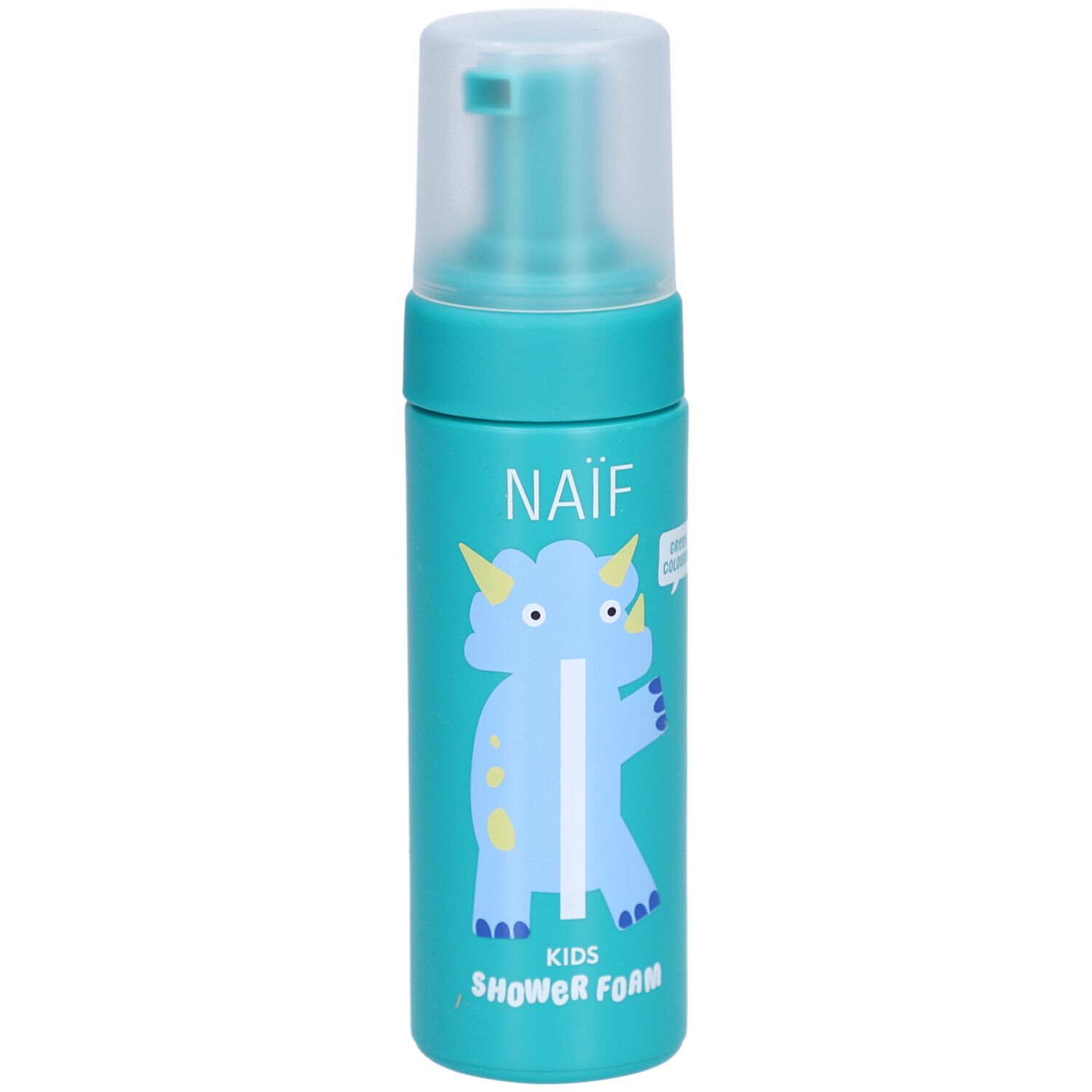 Türkisfarbene Flasche mit Sprühkopf. Aufschrift: NAÏF, KIDS SHOWER FOAM. Abbildung eines blauen Dinosauriers.