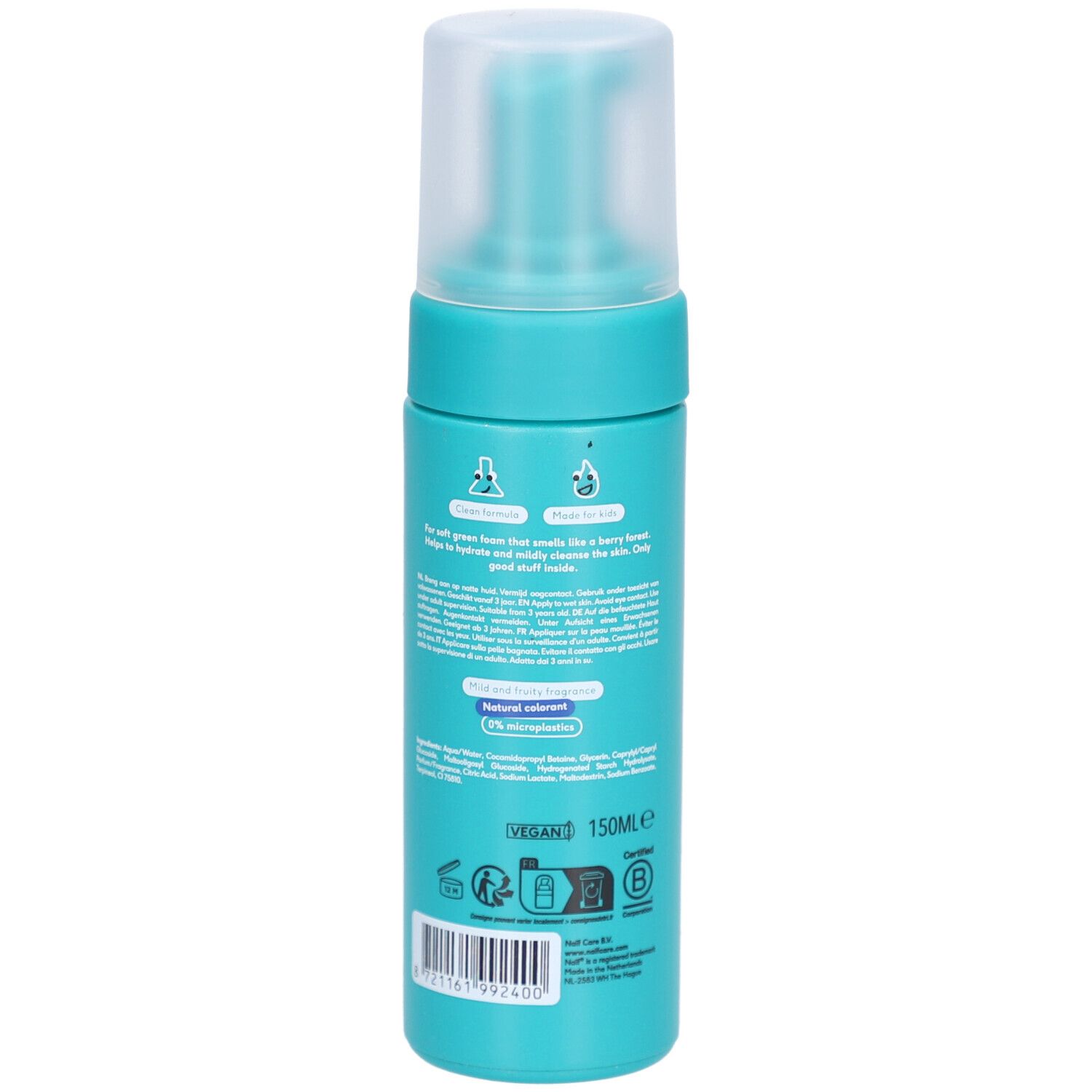Rückseite der türkisfarbenen Flasche mit Text und Logos. Vegan-Siegel und Volumenangabe 150ml.