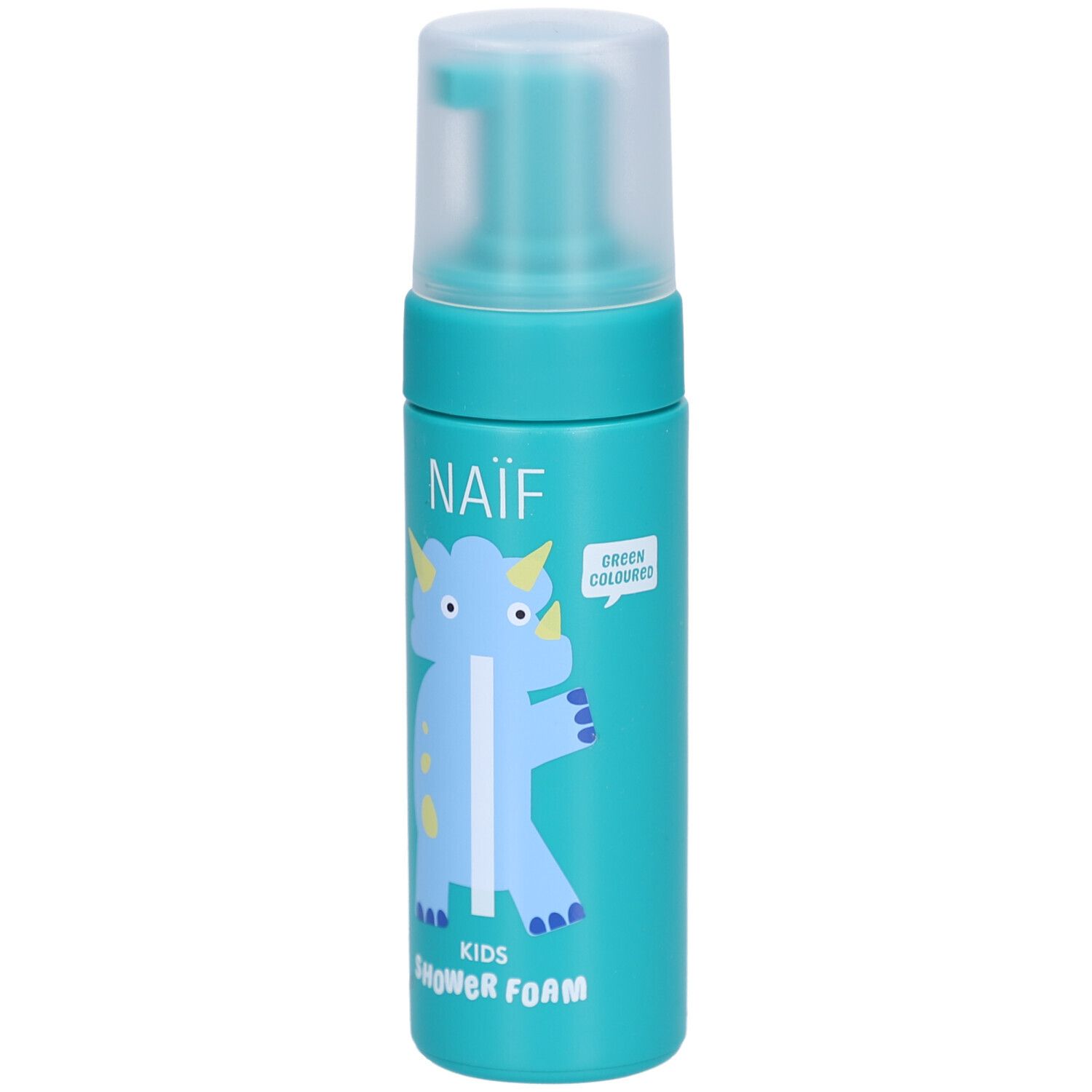 Türkisfarbene Flasche mit Sprühkopf. Aufschrift: NAÏF, KIDS SHOWER FOAM. Abbildung eines blauen Dinosauriers. Sprechblase.