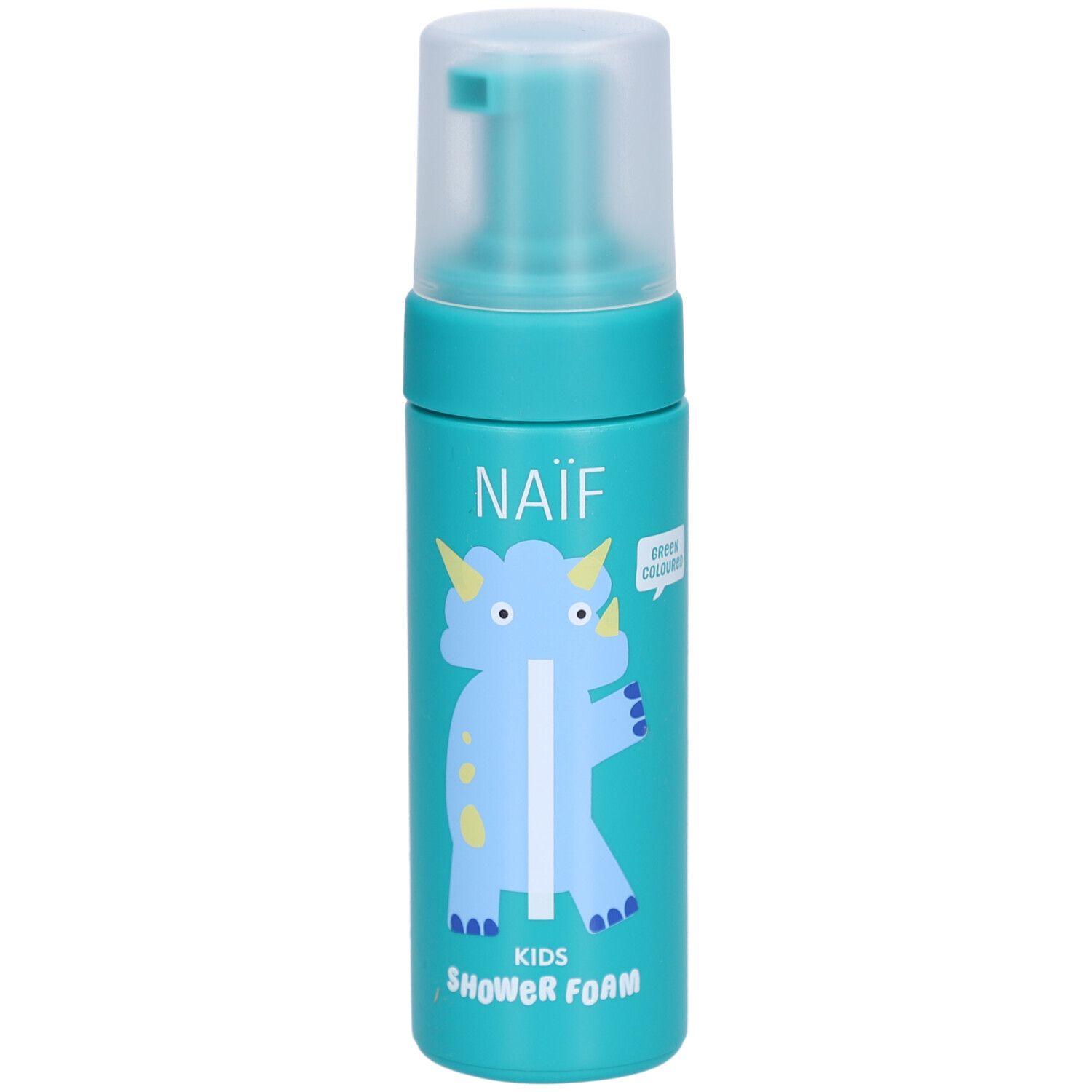 Türkisfarbene Flasche mit Sprühkopf. Aufschrift: NAÏF, KIDS SHOWER FOAM. Abbildung eines blauen Dinosauriers.