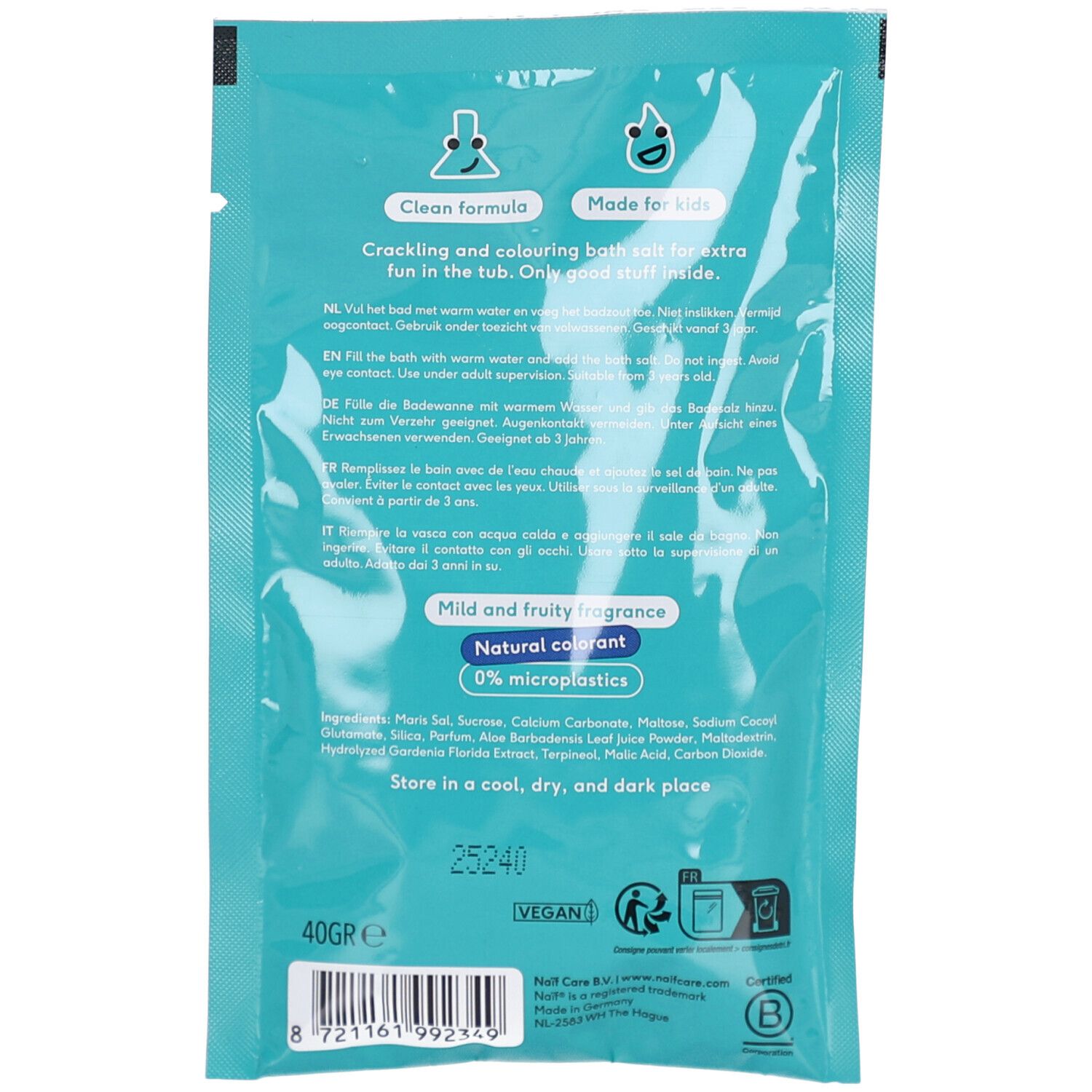 Rückseite der Verpackung. Text: 'Clean formula', 'Made for kids'. Enthält Informationen in mehreren Sprachen und 'Vegan' Logo.