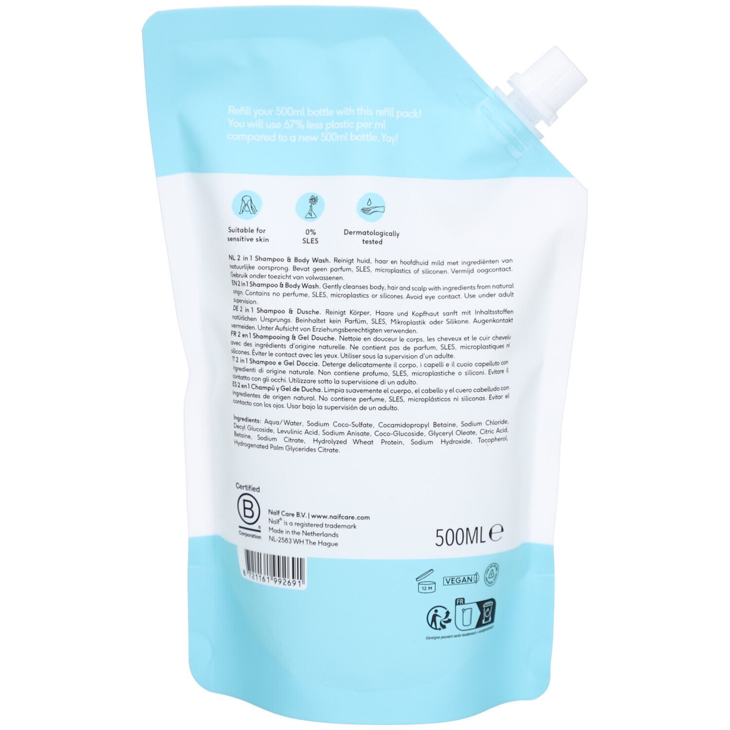 Rückseite der Nachfüllpackung. Enthält Informationen zu Inhaltsstoffen und Zertifizierungen. 500ml. Vegan-Logo.