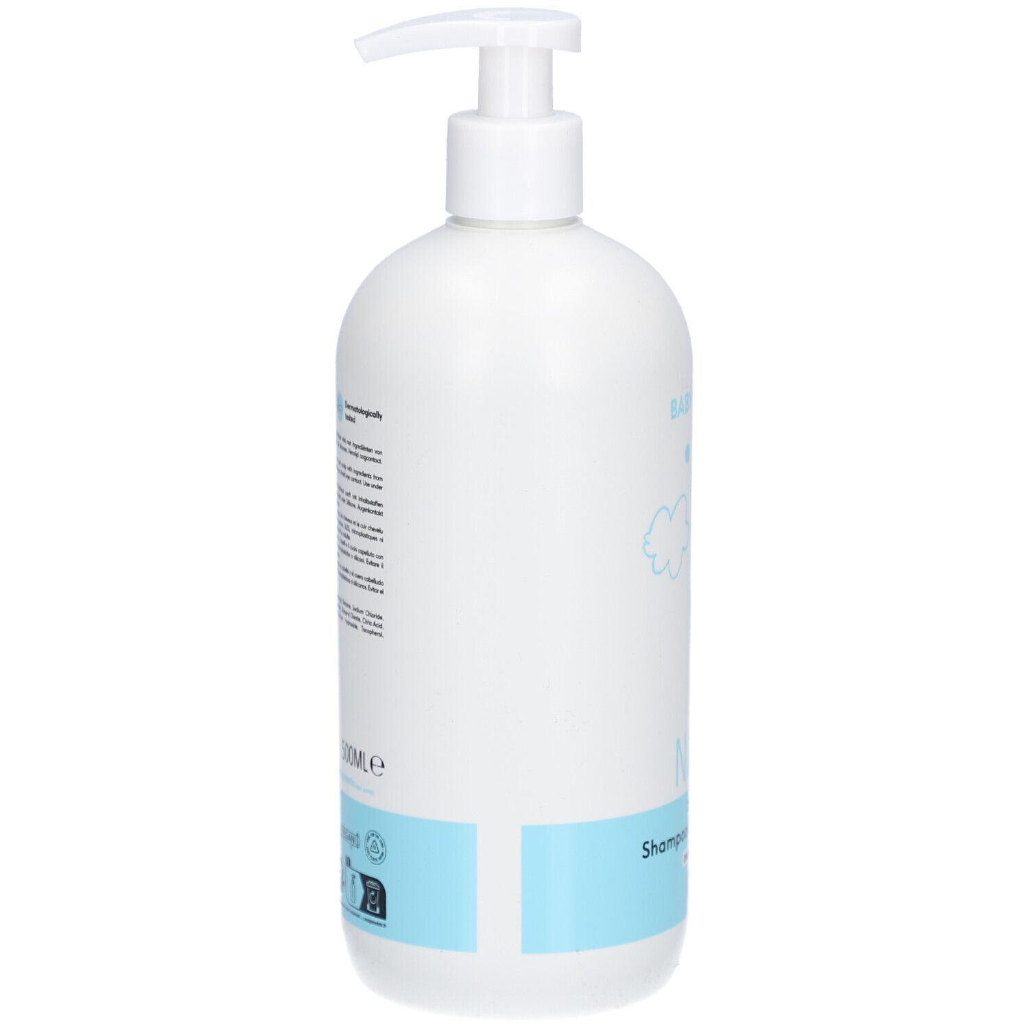 Weiße Flasche mit Pumpkopf. Aufschrift: Naïf 2-in-1 Shampoo & Body Wash. Text auf der Rückseite.