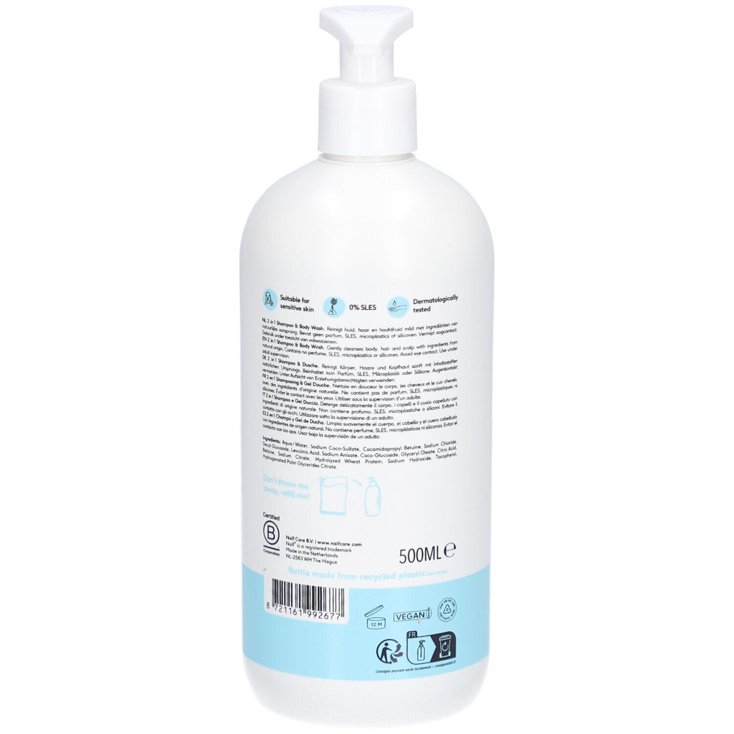 Rückseite der weißen Flasche mit Pumpkopf. Text, Inhaltsstoffe, Zertifizierungen, Vegan-Logo.