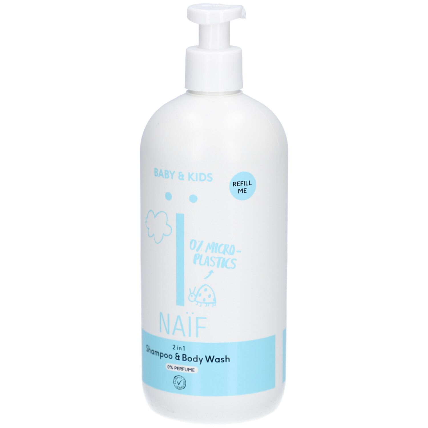 Weiße Flasche mit Pumpkopf. Aufschrift: Naïf 2-in-1 Shampoo & Body Wash 0% Perfume. Baby & Kids.