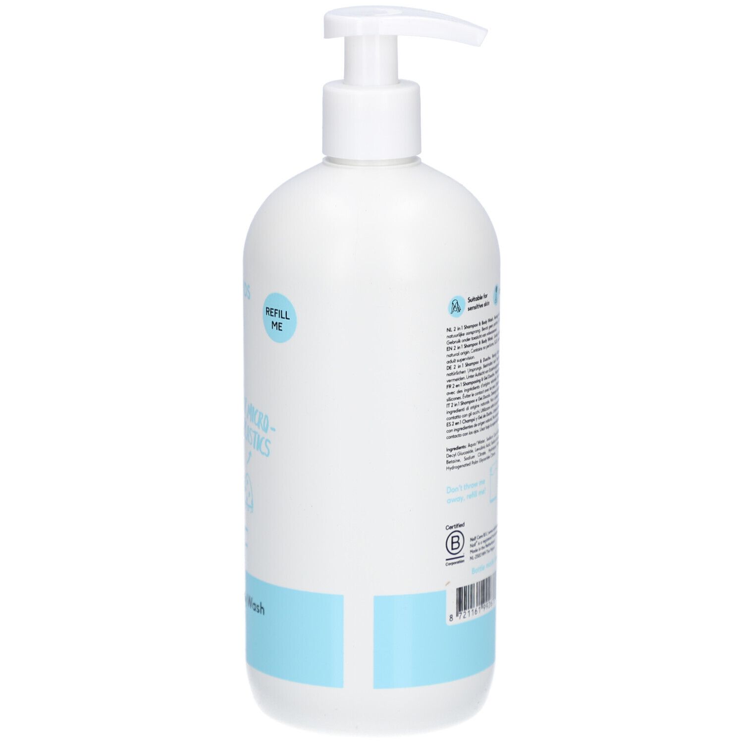 Rückseite der weißen Flasche mit Pumpkopf. Text, Inhaltsstoffe, Zertifizierungen, Vegan-Logo.