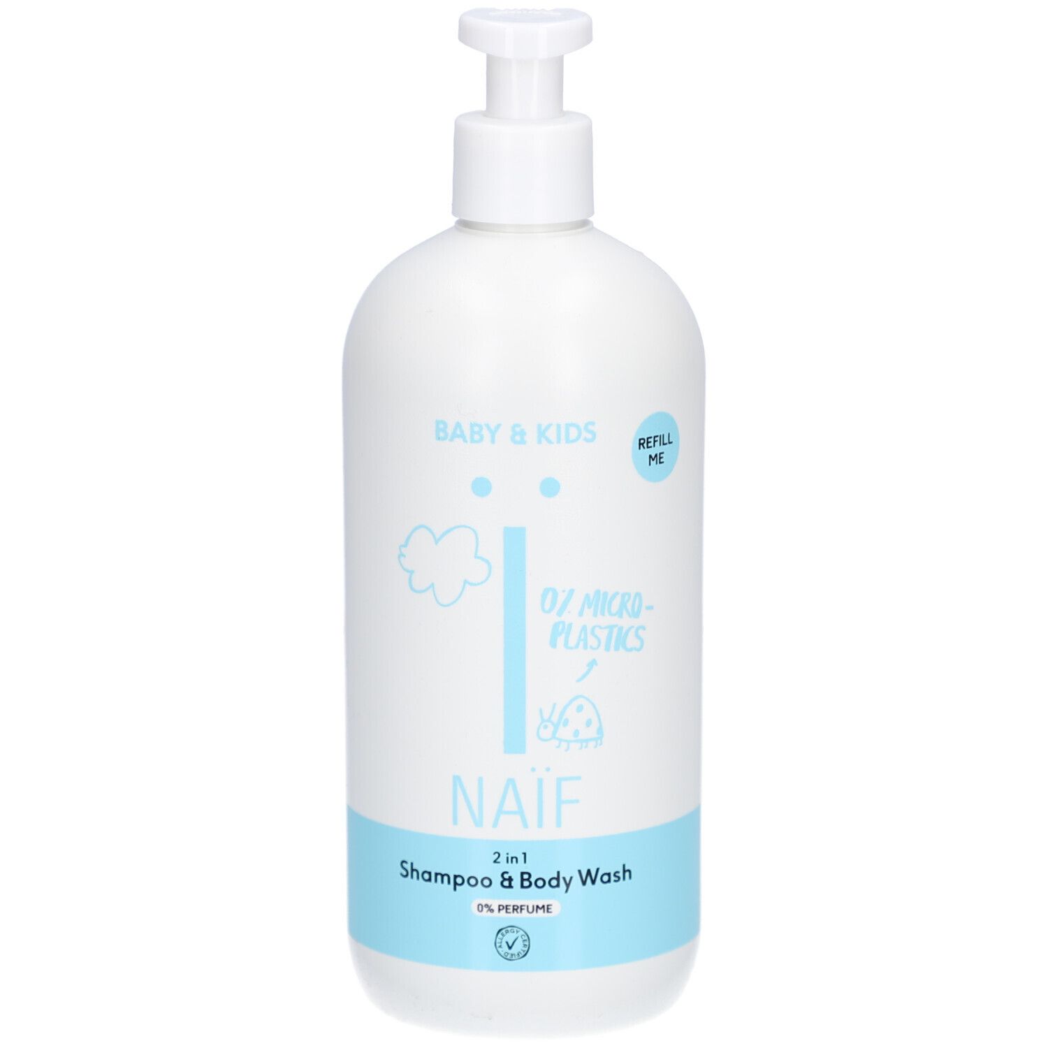 Weiße Flasche mit Pumpkopf. Aufschrift: Naïf 2-in-1 Shampoo & Body Wash 0% Perfume. Baby & Kids.
