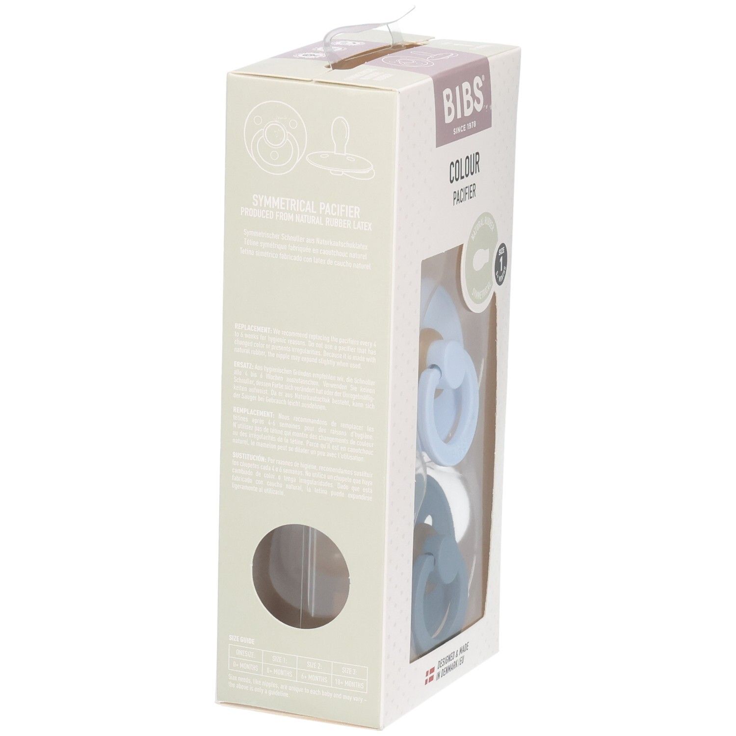 Verpackung mit zwei Schnullern. Marke BIBS. Text auf der Seite. Sichtfenster.