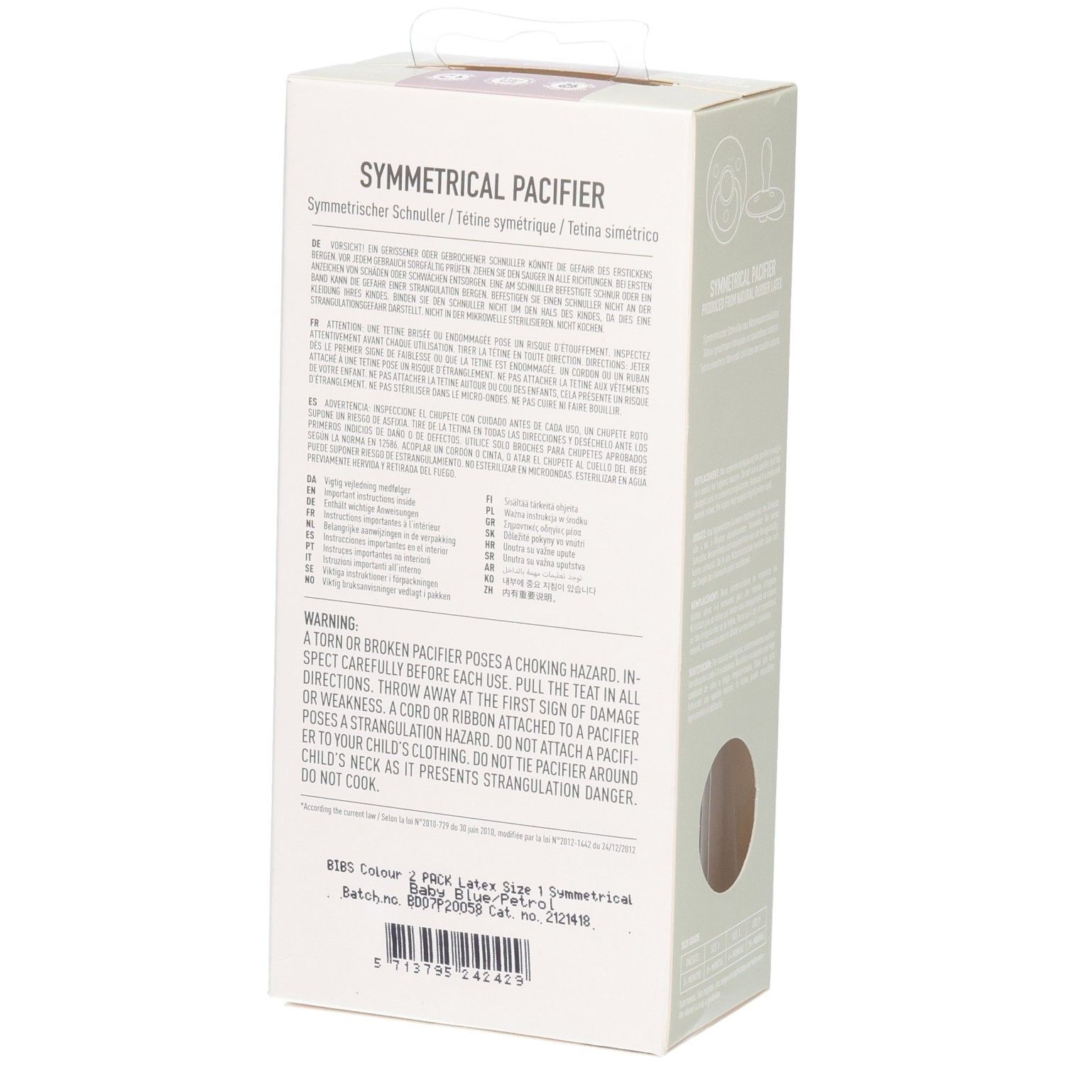 Rückseite der Verpackung mit Text. Marke BIBS. Warnhinweise und Produktinformationen.