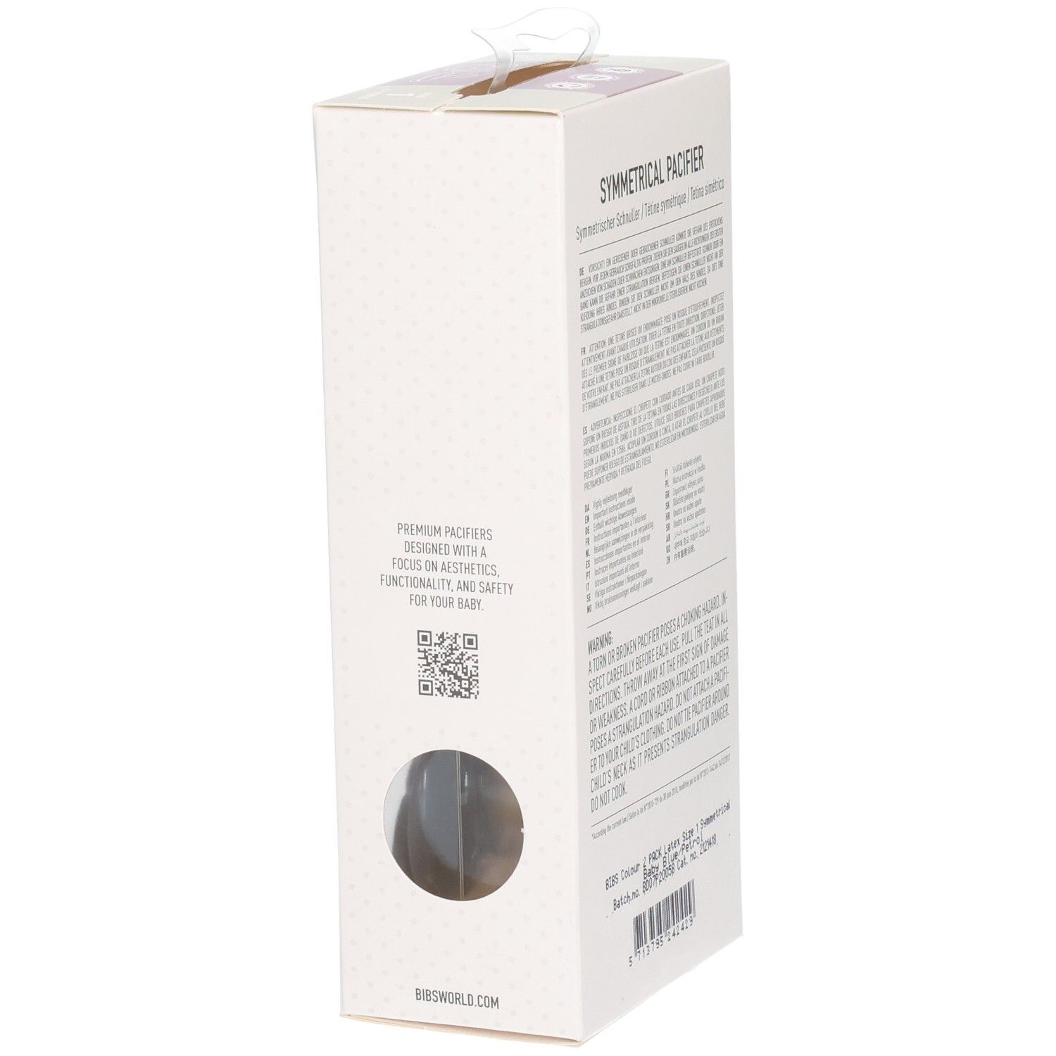 Verpackung mit Text und QR-Code. Marke BIBS. Sichtfenster.