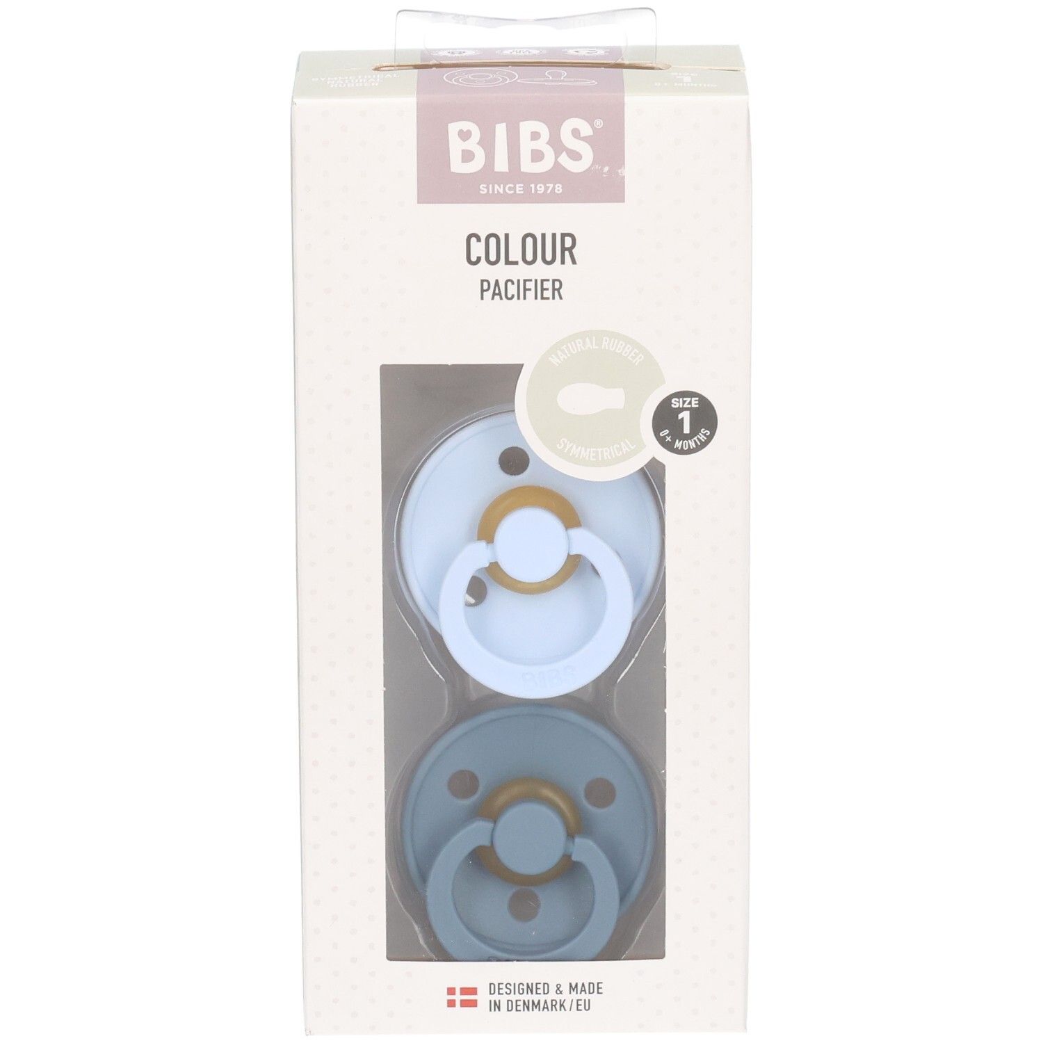 Verpackung mit zwei Schnullern in Blau und Petrol. Marke BIBS. Größe 1. Sichtfenster.