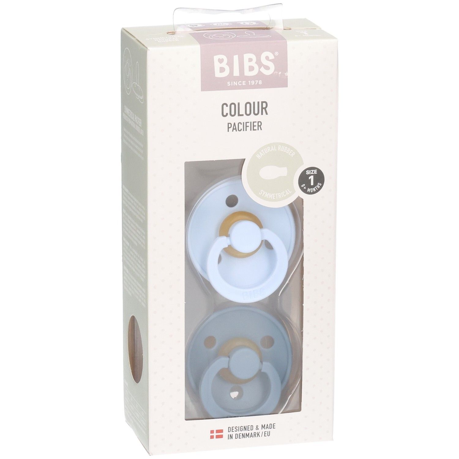 Verpackung mit zwei Schnullern in Blau und Petrol. Marke BIBS. Größe 1. Sichtfenster.